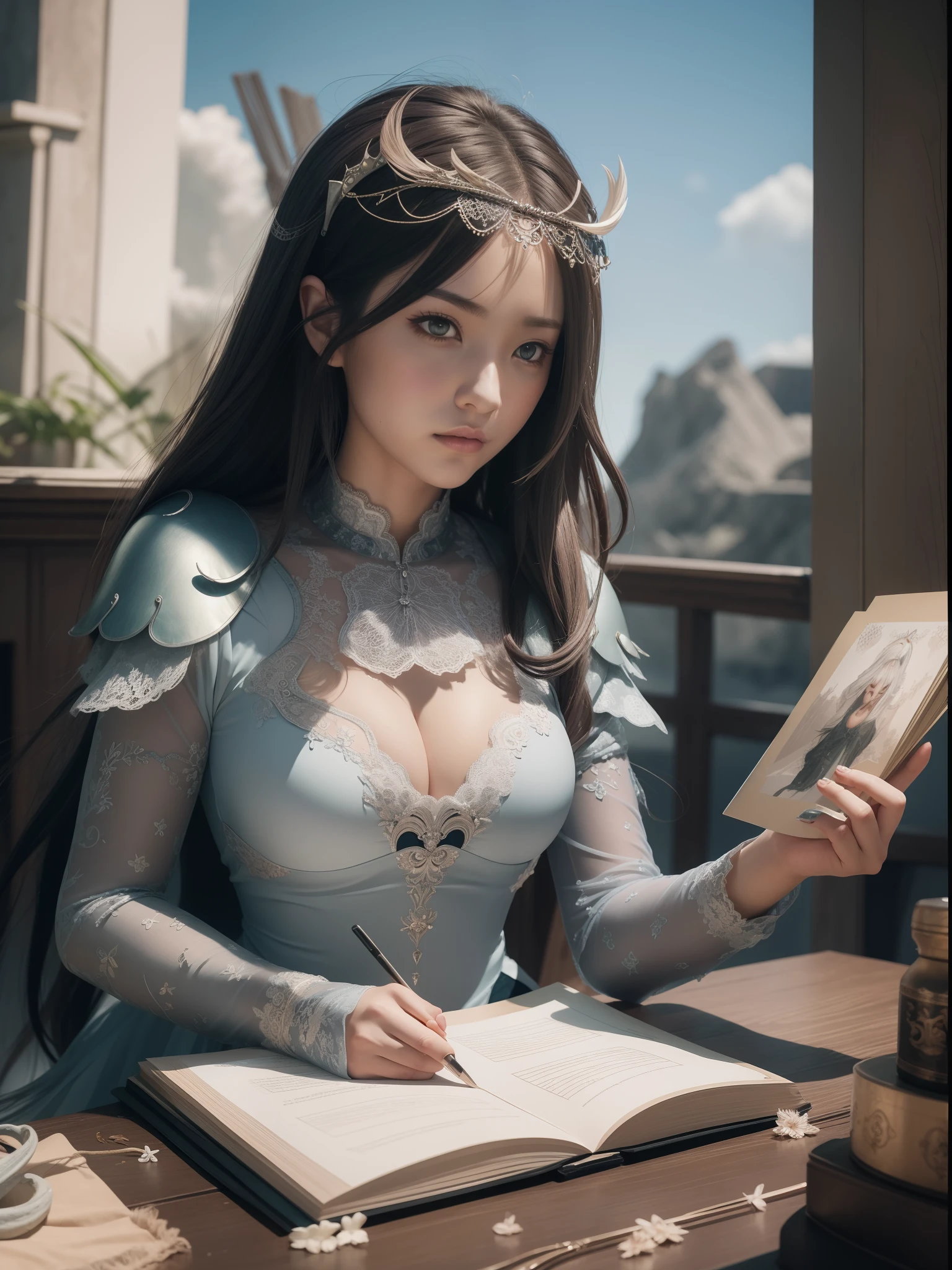 Silver hair,hentail realism, shadowing,,character sheets, reference sheet, Standing painting, 8K, Super detail, 1080p, Women's HD,femele, 16k, high resolution, Best quality, High quality, Anatomically correct, Masterpiece, ccurate, hyper HD,As graceful as a swan,unreal-engine, Ghibli-like colors, anime big breast, Standing painting, angle of view,battle armor,ssee-through,Lace skirt,Fluorescence behind it,showing belly,Red infracing