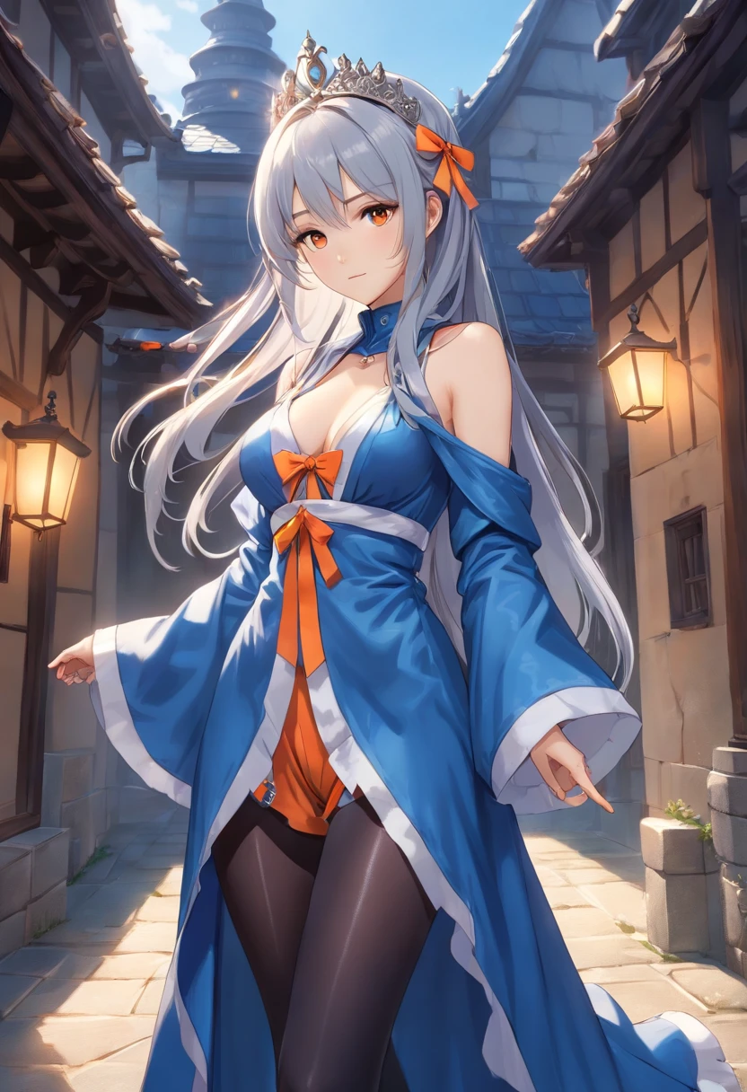 masterpiece, ultra detailed, 8k portrait, RAW photo, portrait photography, highly detailed face, beautiful and meticulous eyes, ((Fantasy)), Young beautiful, 22 years old, dynamic pose, (((expressionless))), (((Long Straight silver hair))), (((one side braided with orange hair ribbon))), blunt bangs, White skin color, ((silver tiara)), Luxury, (((silver Silk Long Cloak))), (((Gorgeous Deep blue long robe))), leather corset, (((dark thigh high tights))), high cut leather boots, ((lift up long magical staff)), Midday Sun, hyper realistic, Body model, Small breasts, Beautiful breasts, Long legs, in the castle, Ambient lighting, Shadow details , Camera focus on thigh, strong breeze, Light fog