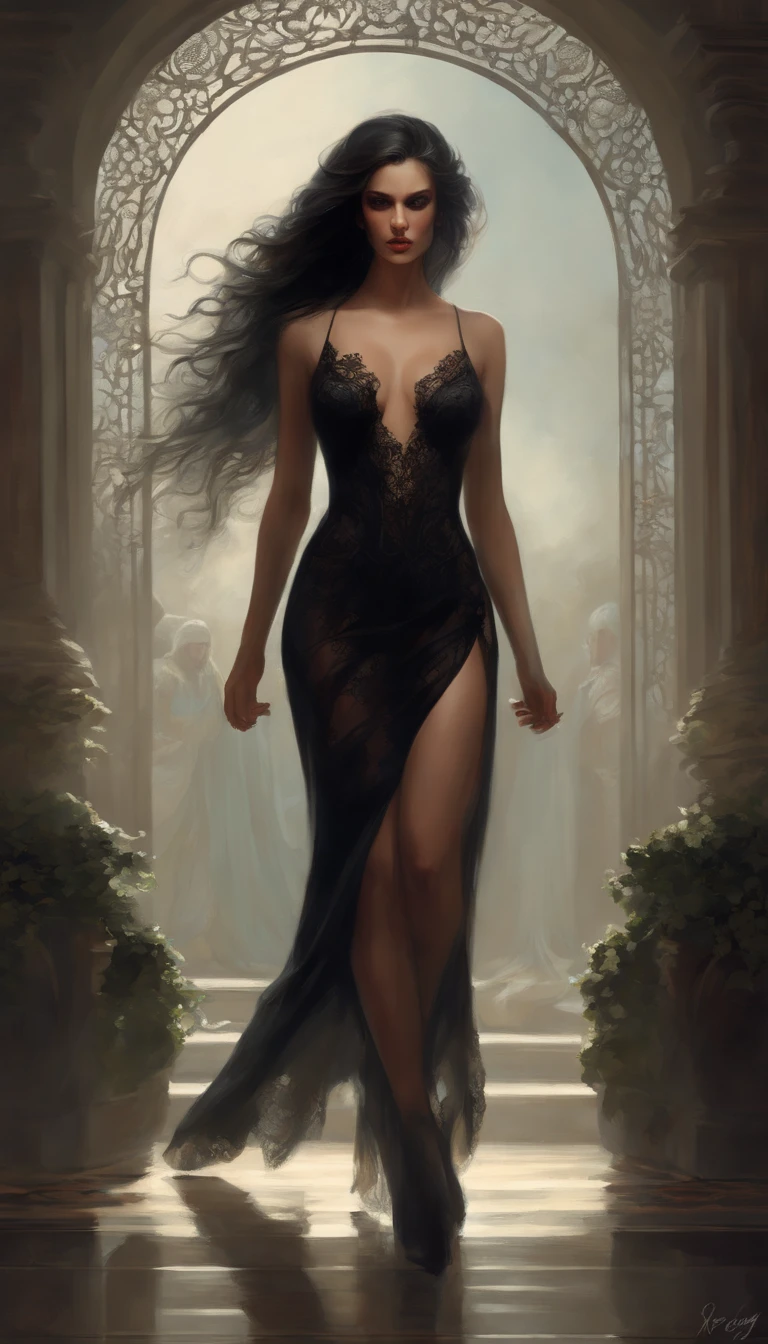 ((Intricate details)),Dark fantasy (/Style/), GLOOMY AMBIANCE, (Beautiful succubus girl, Long hair), (Sexy black lace outfit), (expression) , pastel colour, Sharp focus, Cinematic, (walking pose, Dynamic pose), trending on artstationh, (Majestic oil painting by Ed Brinkie, atey ghailan, author：Jeremy Mann, Greg Manchess),NSFW,style of ohwx, (Beautiful symmetrical puffy eyes)