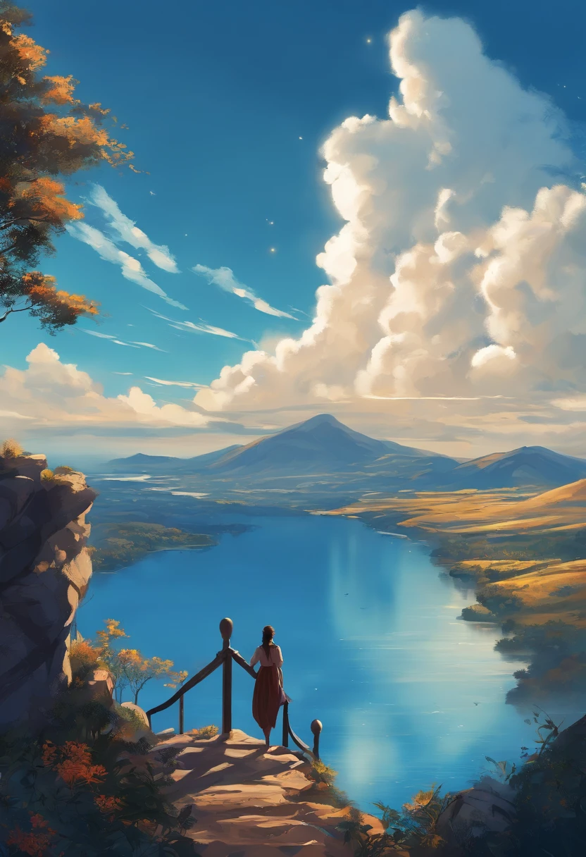 create a Blue Sky scene, estilo anime, desenho vetor, predios, Vision of the Esector in the Air