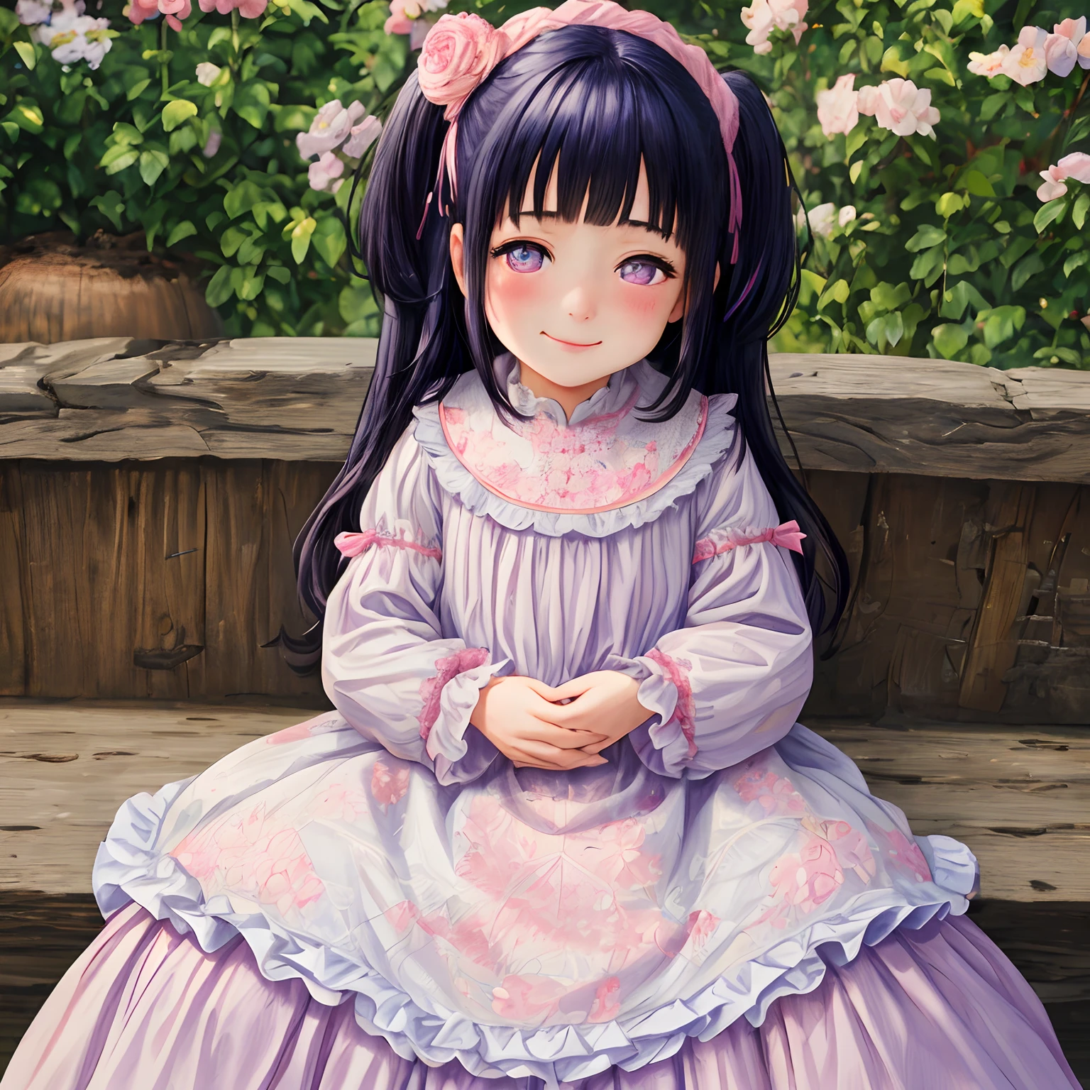 srs masterpiece best quality ultra-detailed finely detail highres ((little female child)) two side up long dark blue hair pink ribbon white dress lace-trimmed embroidery long sleeves blush embarrassed smile purple eyes sitting on side english floral garden, Blunt Bangs