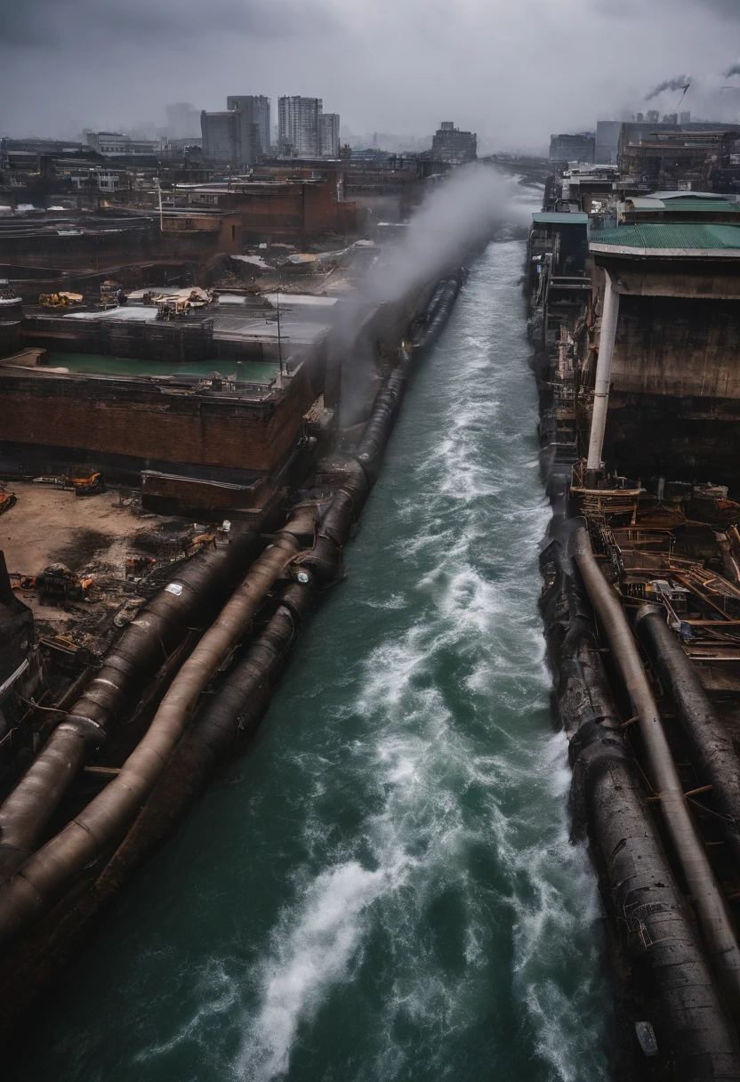 Underground water pipes,Industrial pollution,Sewage discharge,Waterspout,tidal waves,Tornado,typhoon,swell sea,Armageddon,Greatwave,废墟,disrupt,,lakes,high level of water,Bottomless,The run-down city creates a cinematic apocalyptic cityscape