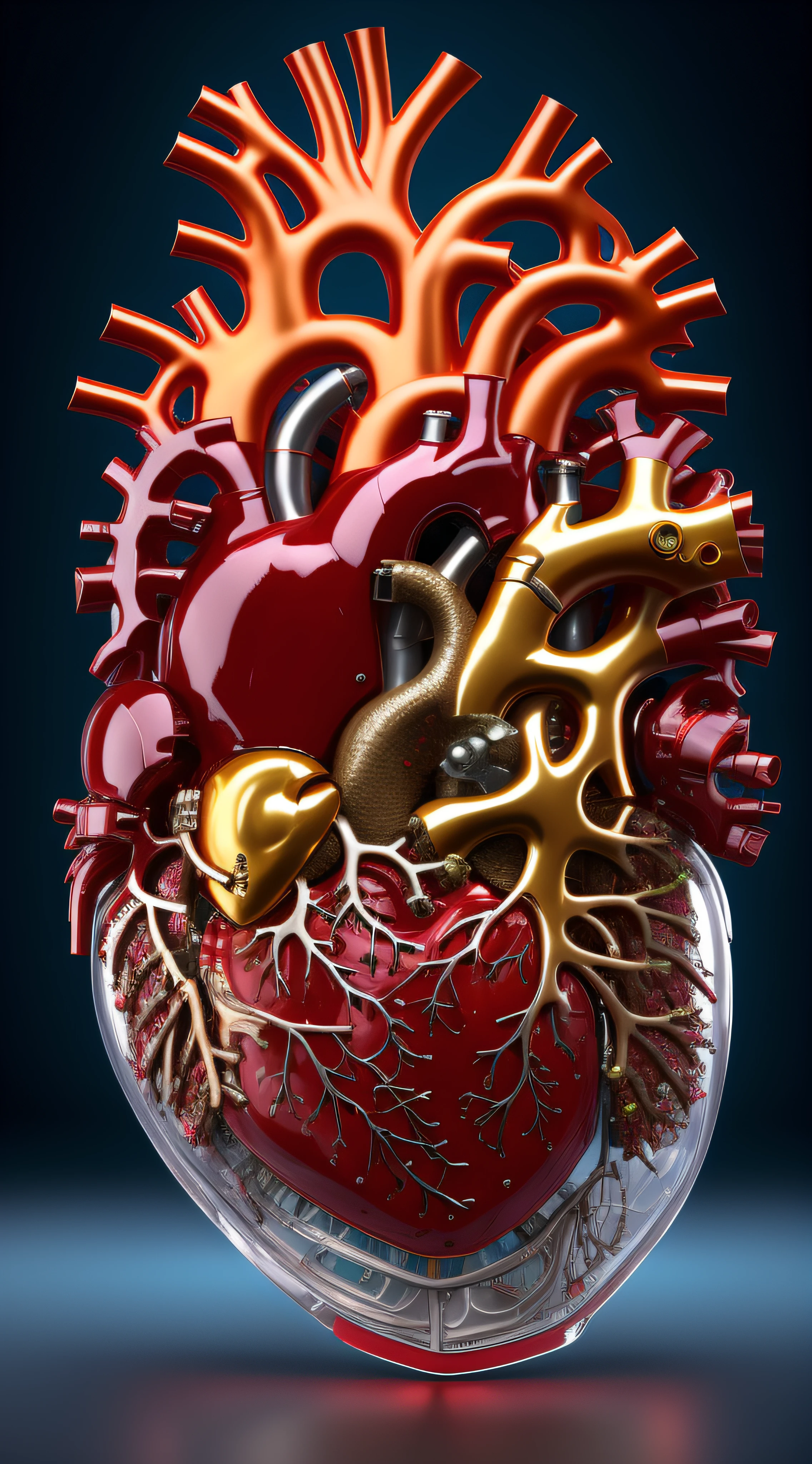 ((8k masterpiece)), RAW photo, ((best quality:1.2)),professional photograhy, 3d capture, 3d work, single item focus, absurdres, huge filesize, A biomechatronic ((3d human heart:1.4)), heart casing made from high grade toughened glass, anatomically accurate aerospace grade ((polished titanium valves:1.2)), macro detailed vein and fibre systems, ((illuminated heart chambers:1.4)), intricate vein systems, ((anatomically accurate valve systems)), space-age technology, futuristic engineering, engineering masterpiece, external vein systems wrapped around the glass heart, highly_polished metal valves, scarlet micro glass vein systems, polished titanium anatomical heart pieces attached to the exterior surface with engineered screws, plain single colour background, contrasting background, volumetric lighting, quixel megascan, unreal engine5, cg9 studio, trending on artstation,