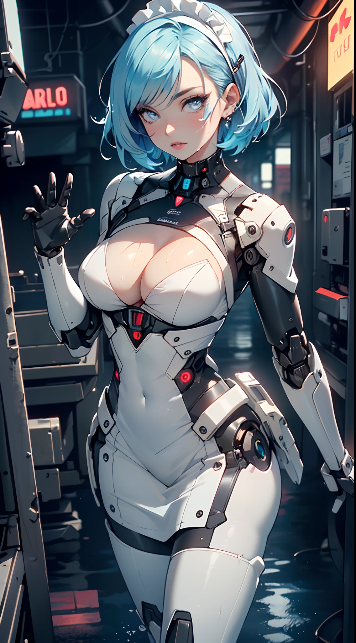 reelmech,(cyborg girl),(cyborg girl:1.5),maid android,(((1girl))),((mechanical robot girl with extremely cute and beautiful pale blue hair)),

(large breasts:1.4),saggy breasts,(((pale blue bob hair:1.35,colored inner hair,short hair,ear breathing))),(((doll))) ,((pale white skin,doll joints:1.5,mechanical hands:1.5)),((silver armored dress,tesla coils)),((maid mechanical doll:1.5,body of a machine:1.5,metallic skin,ball joint,cyborg:1.5, robotic parts:1.5,robot:1.5,mechanical joints: 1.4,mechanical limbs)),(((pale_blue_eyes:1.3))),intricate eyes,beautiful detailed eyes,symmetrical eyes,((fat)),(((lustrous skin:1.5,bright skin: 1.5,shiny skin,very shiny skin,shiny body,plastic glitter skin,exaggerated shiny skin,illuminated skin, wet legs))),(spider lower abdomen,narrow waist,wide hip,detailed body,(detailed face)),

cute,slutty,seductive,erotic,(((nsfw))),

(maid headdress),bare_shoulders,delicate metal decorations,Headdress,(maid),sleeveless,miniskirt,boots,cleavage_cutout,bare_legs,((wet clothes,intricate outfit,intricate clothes,intricate details)),

(dynamic pose:1.0),embarrassed,(centered,scale to fit dimensions,Rule of thirds),

cyberpunk city by the ocean at night, with bright neon signs and dark stormy clouds and puddles, scenery:1.25,

artistic photography,(photography taken by sldr),highres, sharp focus, (ultra detailed, extremely detailed), (photorealistic artwork:1.37),(extremely detailed CG unity 8k wallpaper),((synthwave background theme)),(((vibrant colors))),(intricate background),(masterpiece),(best quality),