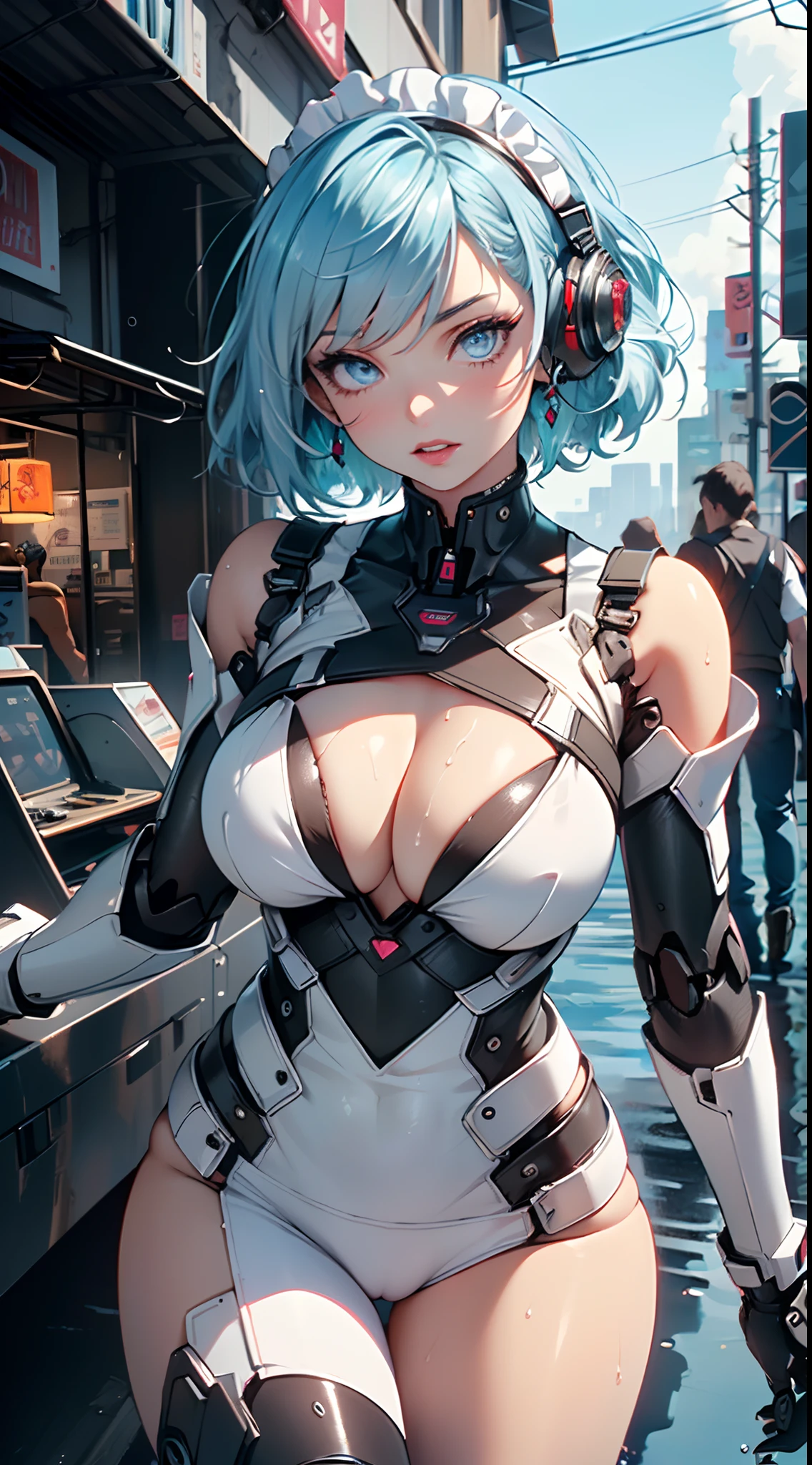 reelmech,(cyborg girl),(cyborg girl:1.5),maid android,(((1girl))),((mechanical robot girl with extremely cute and beautiful pale blue hair)),
(large breasts:1.4),saggy breasts,(((pale blue bob hair:1.35,colored inner hair,short hair,ear breathing))),(((doll))) ,((pale white skin,doll joints:1.5,mechanical hands:1.5)),((silver armored dress,tesla coils)),((maid mechanical doll:1.5,body of a machine:1.5,metallic skin,ball joint,cyborg:1.5, robotic parts:1.5,robot:1.5,mechanical joints: 1.4,mechanical limbs)),(((pale_blue_eyes:1.3))),intricate eyes,beautiful detailed eyes,symmetrical eyes,((fat)),(((lustrous skin:1.5,bright skin: 1.5,shiny skin,very shiny skin,shiny body,plastic glitter skin,exaggerated shiny skin,illuminated skin, wet legs))),(spider lower abdomen,narrow waist,wide hip,detailed body,(detailed face)),
cute,slutty,seductive,erotic,(((nsfw))),
(maid headdress),bare_shoulders,delicate metal decorations,Headdress,(maid),sleeveless,miniskirt,boots,cleavage_cutout,bare_legs,((wet clothes,intricate outfit,intricate clothes,intricate details)),
(dynamic pose:1.0),embarrassed,(centered,scale to fit dimensions,Rule of thirds),
cyberpunk city by the ocean at night, with bright neon signs and dark stormy clouds and puddles, scenery:1.25,
artistic photography,(photography taken by sldr),highres, sharp focus, (ultra detailed, extremely detailed), (photorealistic artwork:1.37),(extremely detailed CG unity 8k wallpaper),((synthwave background theme)),(((vibrant colors))),(intricate background),(masterpiece),(best quality),