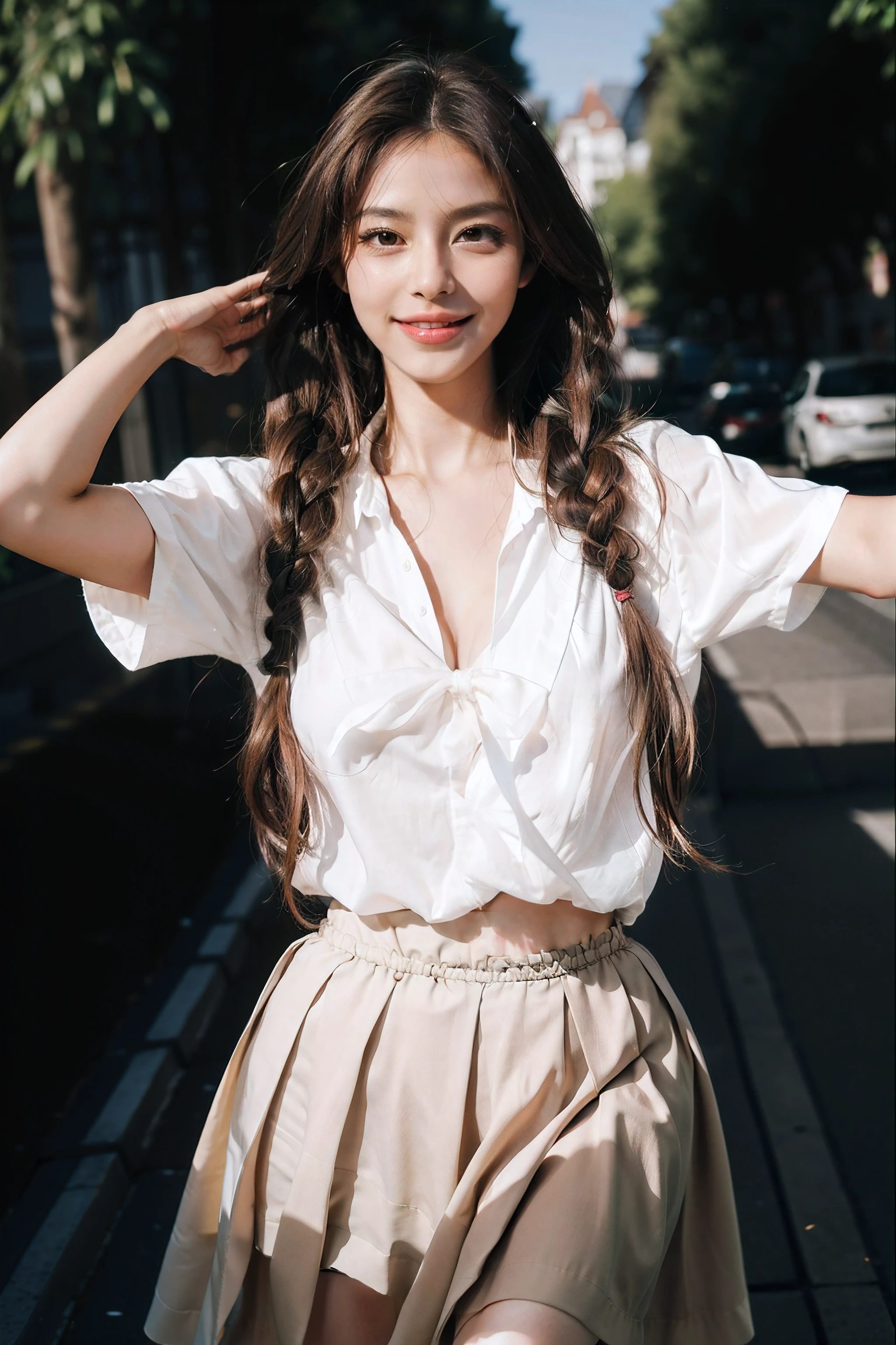 Masterpiece, Best quality, Realistic, Full-HD, 1 girl, Real girl, Long brown hair, Exercise, Braided hair, ribbon on hair, Golden eyes, Brown skin, medium boob, Happy face, Big smile, Open mouth, Traditional Mexican skirt, Pink Mexican skirt, Dynamic movements, White blouse, Short sleeves, Red high heels, dynamic dance pose, full bodyesbian, Perfect anatomy,Bigchest，cleavage