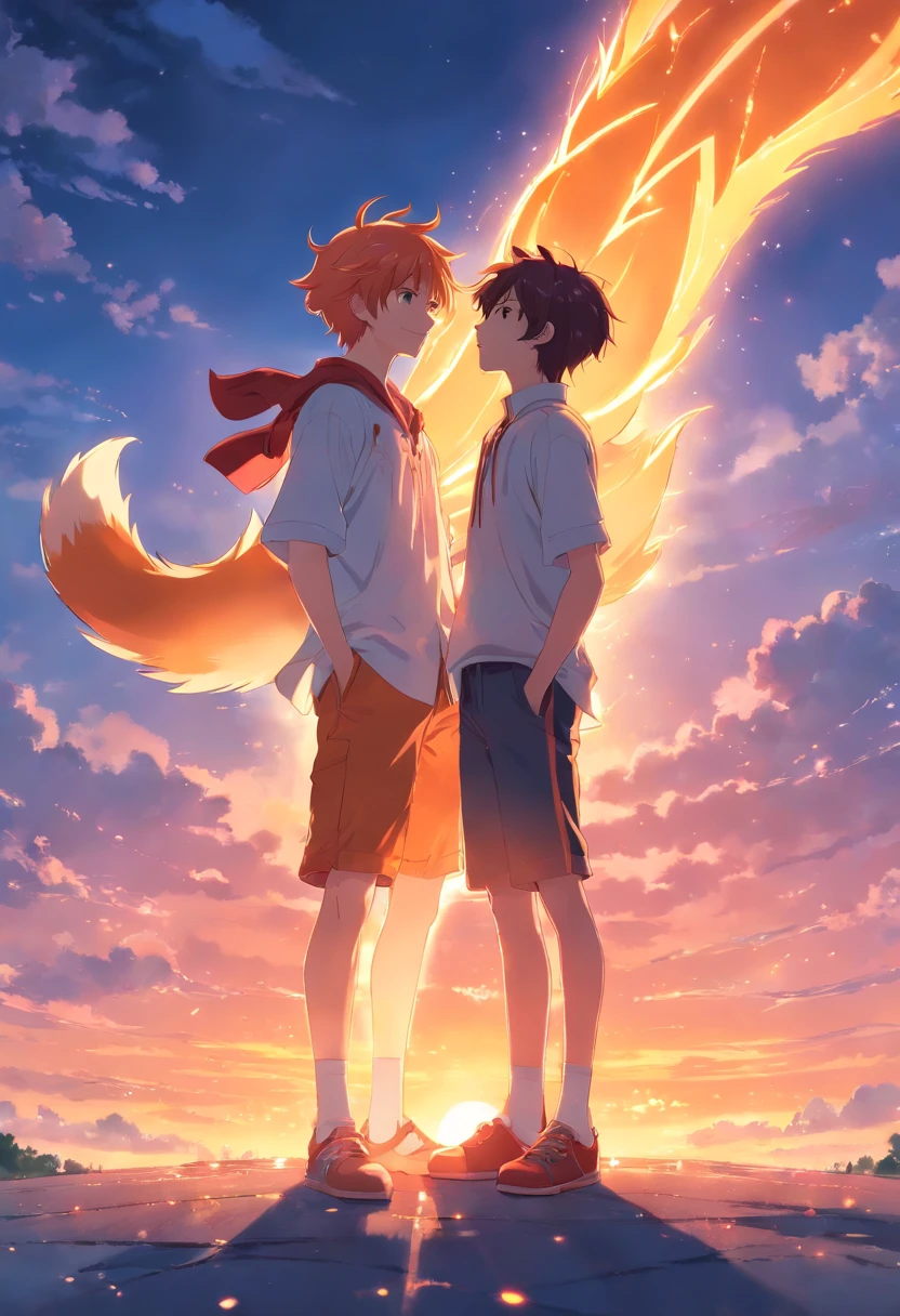 masterpiece, best quality, movie still, A pinked haired teenager is standing with a teenage orange haired male fox demon, floating in the sky, close-up, bright, happy, warm soft lighting, sunset, (sparks:0.7)