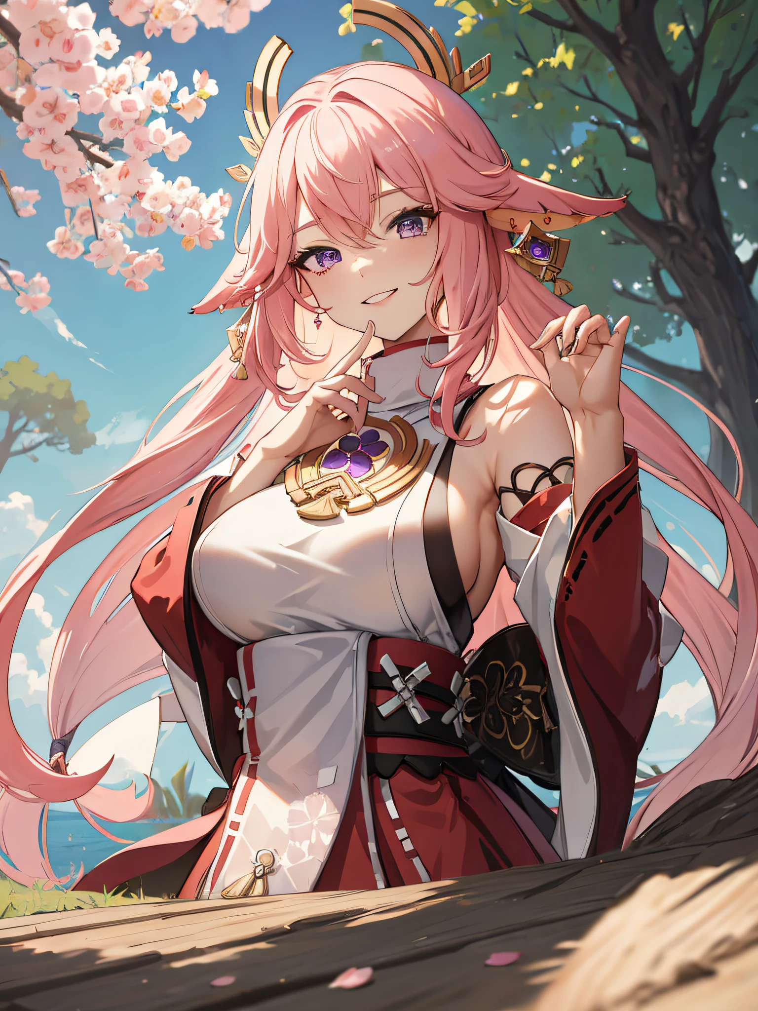 (masterpiece, best quality:1.2), highres, high resolution, solo, 1girl, yae miko, pink hair, side locks, long hair, purple eyes, smile, looking at viewer, seiza, hair ornament, Japanese clothes, sideboob, jewelry, earrings, large breast, large boobs, large chest, light smile, teeth, bare shoulders, portrait shot, upper body shot, BREAK outdoors, sitting under a tree, tree shade, shadow, blur background, standing, beautiful face, perfect fingers, perfect anatomy. PORTRAIT SHOT, masterpiece, high quality.