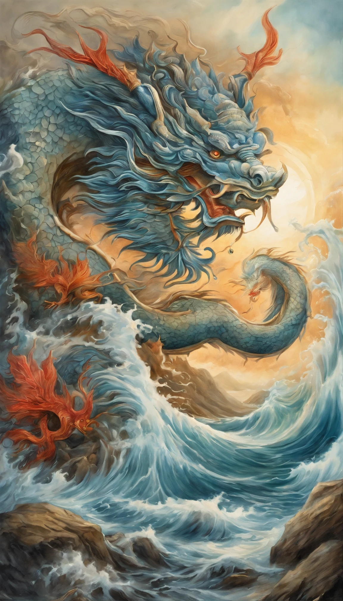 Ukiyo-e style The graphics in the poster design are marine colors, Chinese dragon turtle in ink painting, and a combination of dragons, As a water god, Living in the North Sea, Control thunderstorms at sea, an ancient Chinese god, turtle, drak, Mare, stony, Super sharp,Realistic details,Auspicious clouds, depth of fields, God Ray, fantasy coloring, romanticism lain, art-deco, Cinematic lighting, Depth of field, Sparkle, god light, Ray tracing, Ultra-wide angle, first person perspective, Wide shot, hyper HD, High quality, High details, Textured skin, Best quality