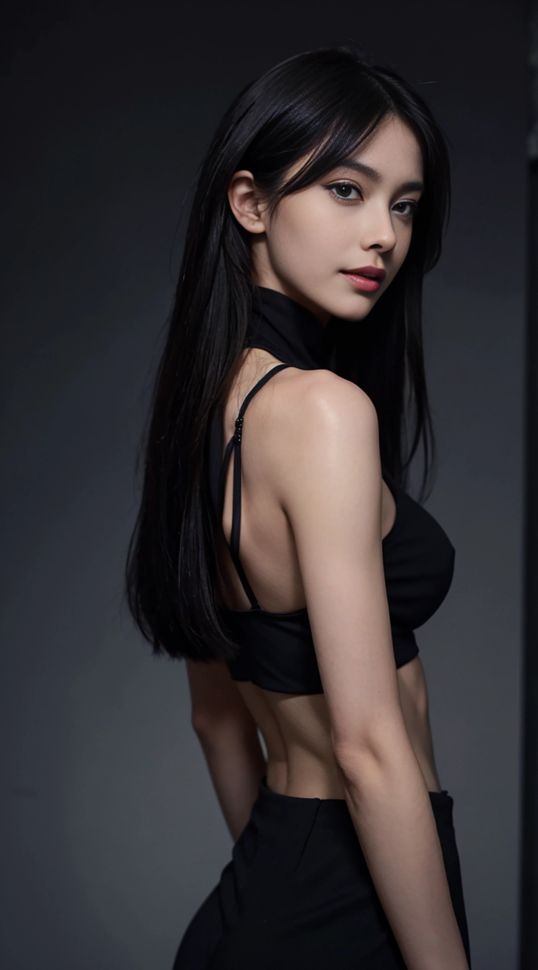 1 person only, 8K RAW photos, 22-year-old Korean model ,167cm, slim body , perfect breasts ,fair skin, soft body, masterpiece black elegant costume, beautiful double eyelids, slit eyes, messy bangs ,long wavy ponytails