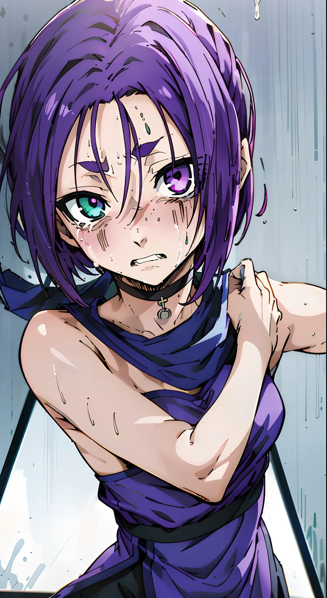 best qualtiy,tmasterpiece, High quality, Solo, Purple hair, length hair, Hairpin, Heterochromia, Green eyes, Purple eyes, Reo Mikage, Blue Lock, Bare shoulders, no sleeves, Camisole, chinese clothes, Choker, arm warmer, bandaged, Scar , Tears, Crying face, Big breasts, red blush