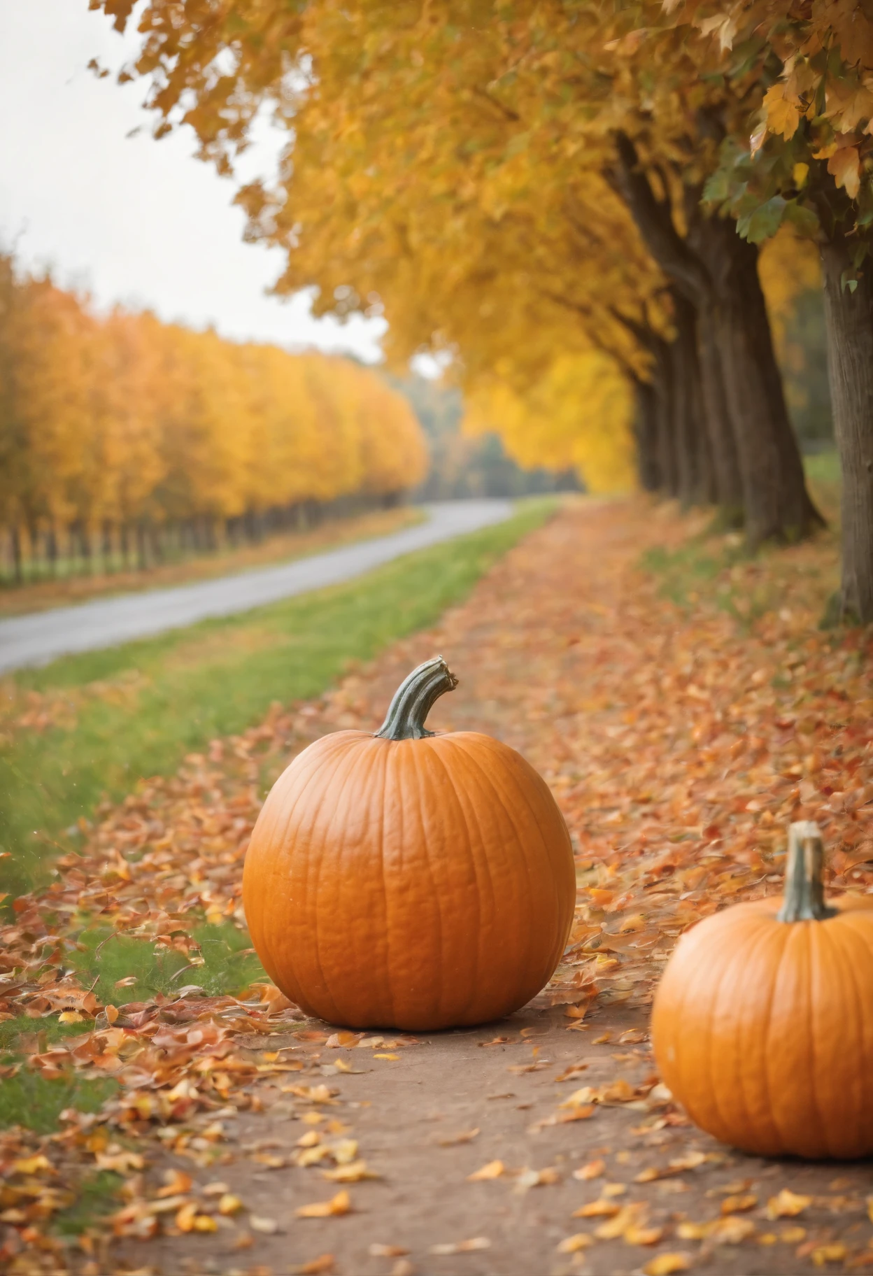 autumn, There is a large pumpkin on the path, a beautiful background, leaves, the trees, Bokeh background