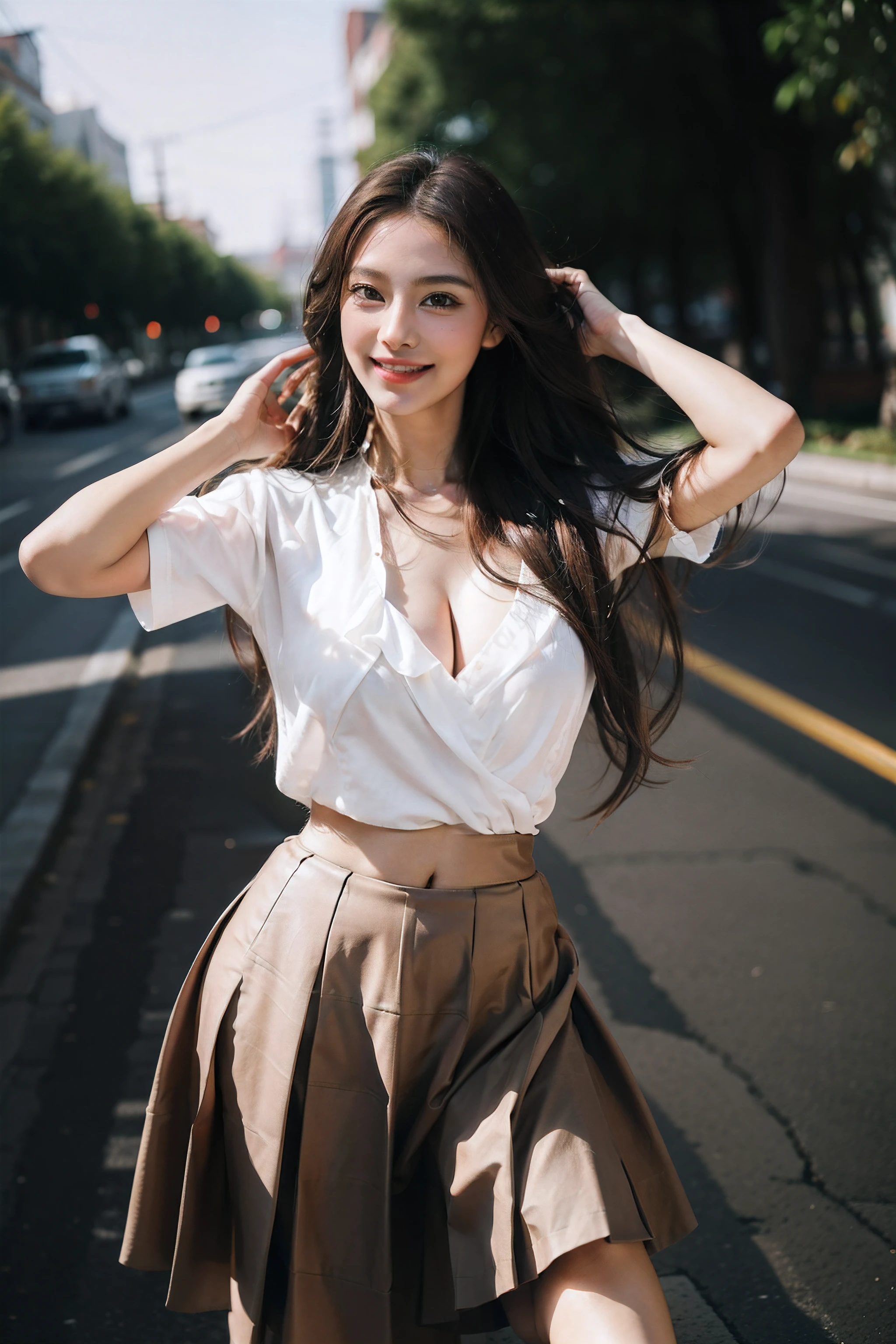 Masterpiece, Best quality, Realistic, Full-HD, 1 girl, Real girl, Long brown hair, Exercise, Braided hair, ribbon on hair, Golden eyes, Brown skin, medium boob, Happy face, Big smile, Open mouth, Traditional Mexican skirt, Pink Mexican skirt, Dynamic movements, White blouse, Short sleeves, Red high heels, dynamic dance pose, full bodyesbian, Perfect anatomy,Bigchest,cleavage