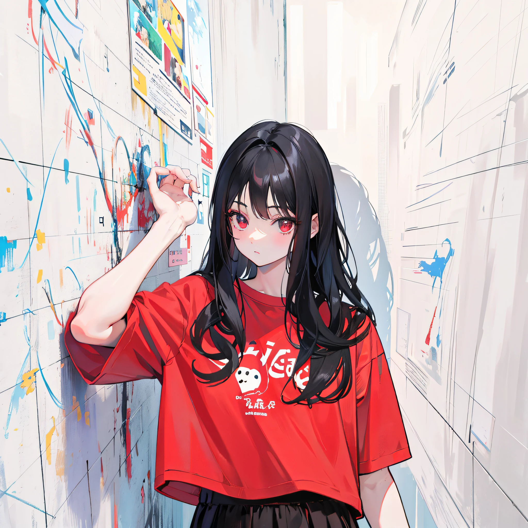(Realistic painting style:1.0), Masterpiece, Best quality, absurderes, comic strip, illustration,
1 girl, Long hair, Black hair, Cute girl, young and cute girl, Korean girls, {Breasts}, 
A girl in a red T-shirt stands against the wall, ulzzangs, red t-shirt, Red shirt, Black shorts,