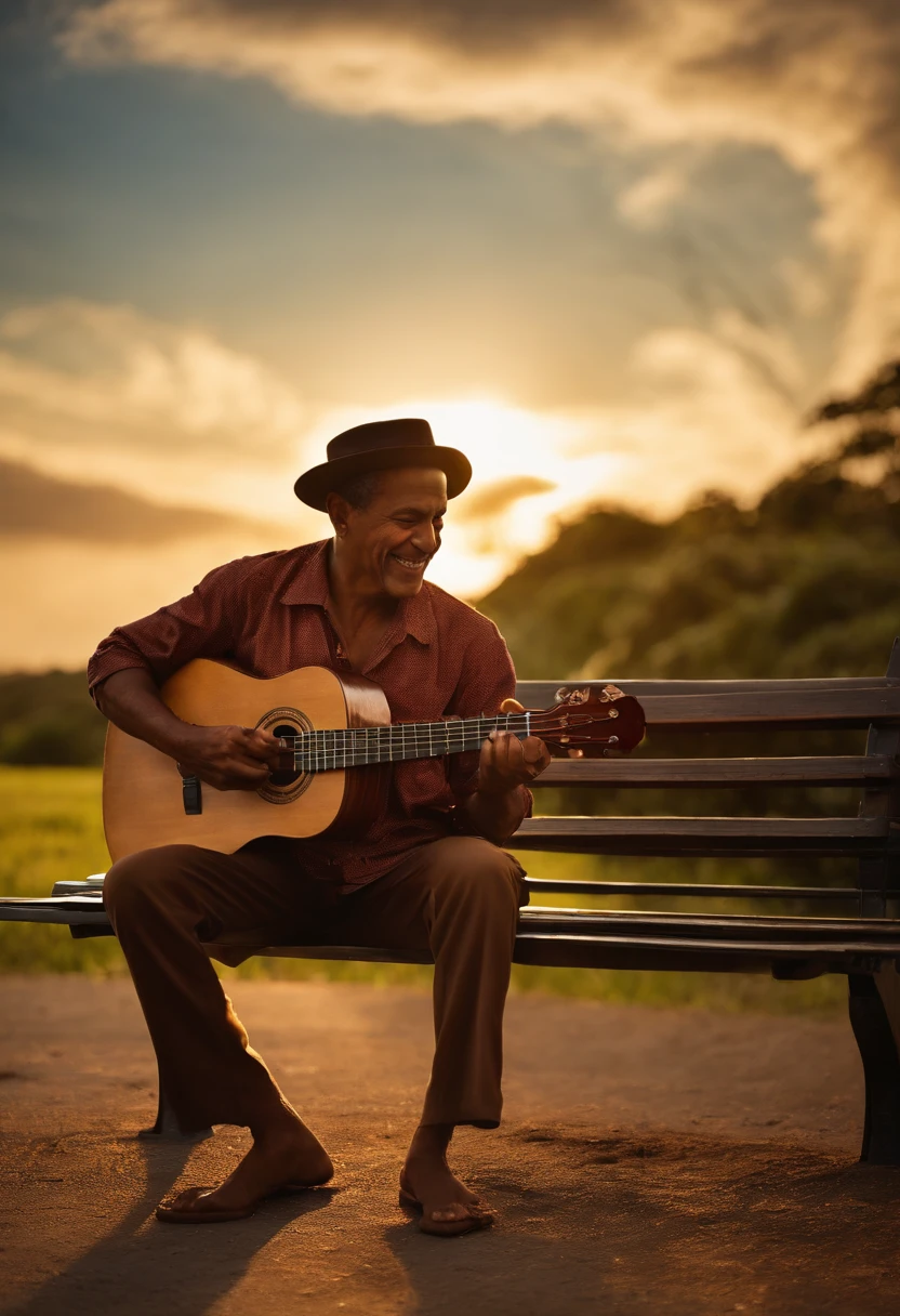 "Por favor, Create an image of a mulatto man with Brazilian characteristics, sentado em um banco ao ar livre, tocando um ukulele. The scene should convey a sense of serenity and joy, with emphasis on the facial and cultural features that make the Brazilian man easily identifiable. Be sure to capture the relaxed atmosphere of the music and the natural scenery around the bench."