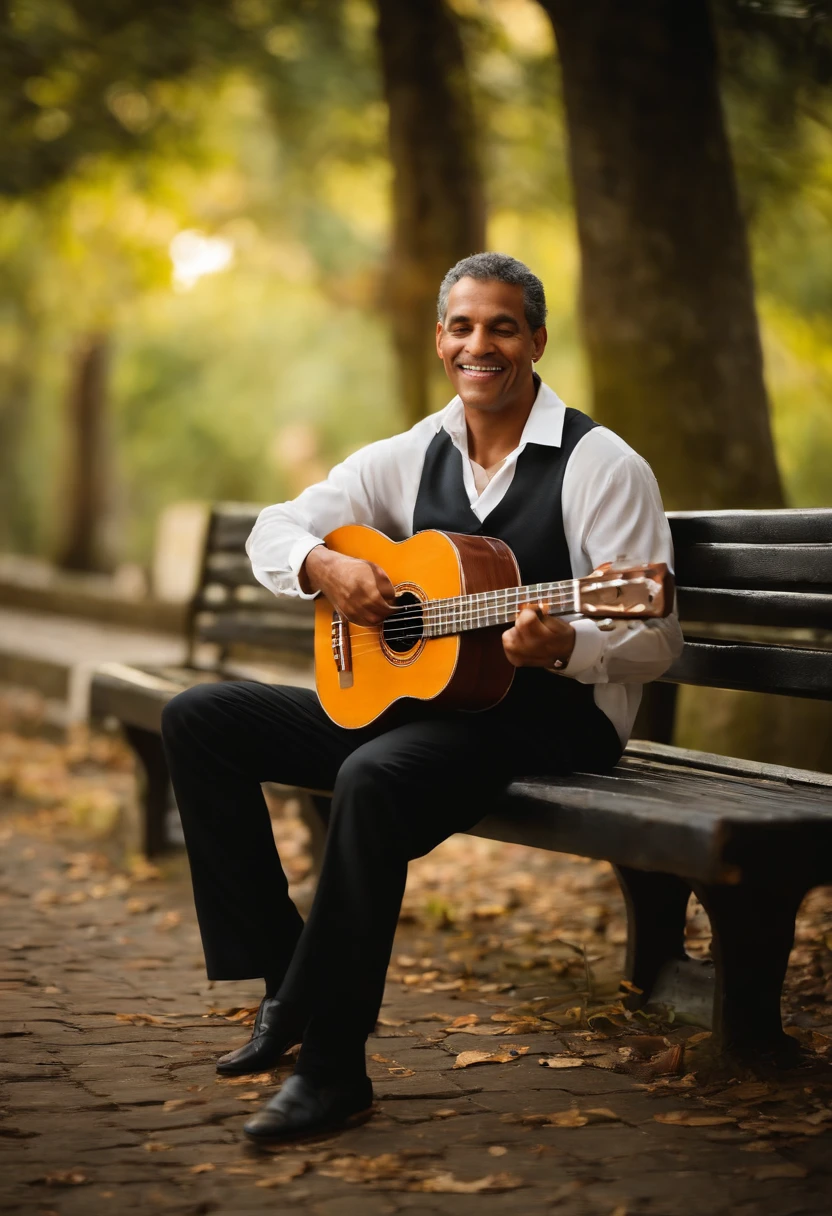 "Por favor, Create an image of a mulatto man with Brazilian characteristics, sentado em um banco ao ar livre, tocando um ukulele. The scene should convey a sense of serenity and joy, with emphasis on the facial and cultural features that make the Brazilian man easily identifiable. Be sure to capture the relaxed atmosphere of the music and the natural scenery around the bench."