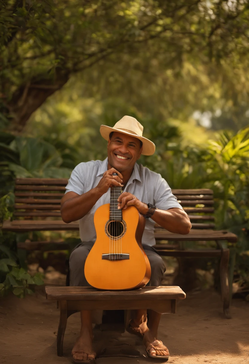 "Por favor, Create an image of a mulatto man with Brazilian characteristics, sentado em um banco ao ar livre, tocando um ukulele. The scene should convey a sense of serenity and joy, with emphasis on the facial and cultural features that make the Brazilian man easily identifiable. Be sure to capture the relaxed atmosphere of the music and the natural scenery around the bench."