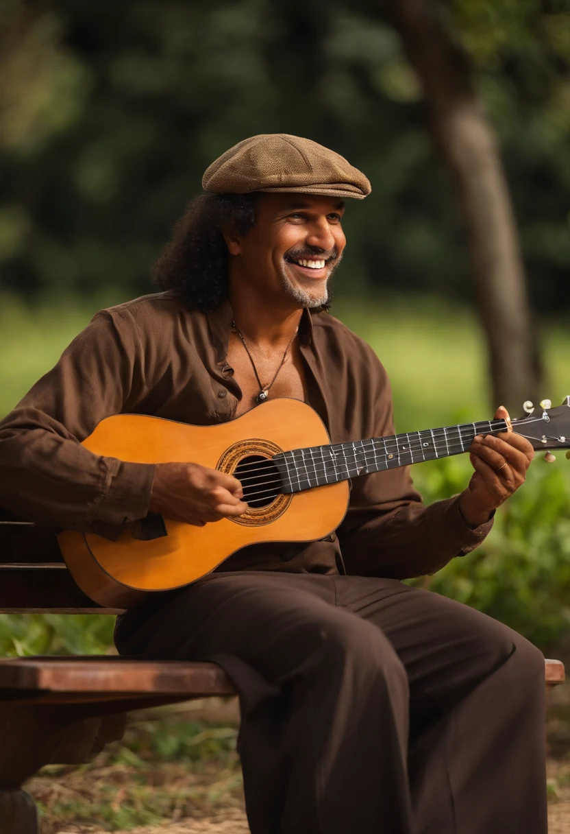 "Por favor, Create an image of a mulatto man with Brazilian characteristics, sentado em um banco ao ar livre, tocando um ukulele. The scene should convey a sense of serenity and joy, with emphasis on the facial and cultural features that make the Brazilian man easily identifiable. Be sure to capture the relaxed atmosphere of the music and the natural scenery around the bench."