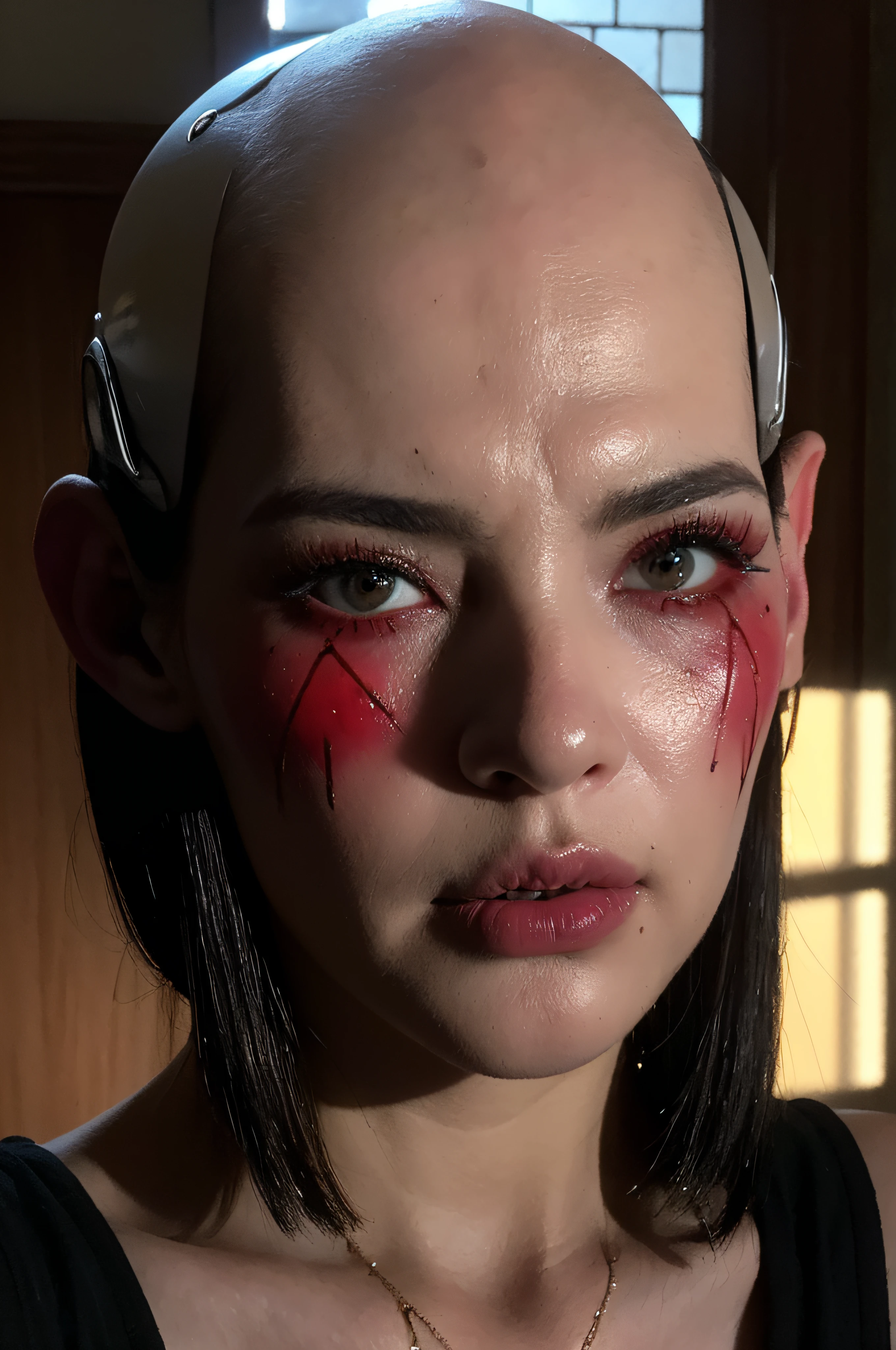 "(The best lighting, oscuro, dramatic),(Mujer, robot, Hellraiser, triste, Cicatrices, , sexy, cerebro, sangre, una rata dentro de la cabeza, terror.),(ojos rojos, calaveras). morning light.