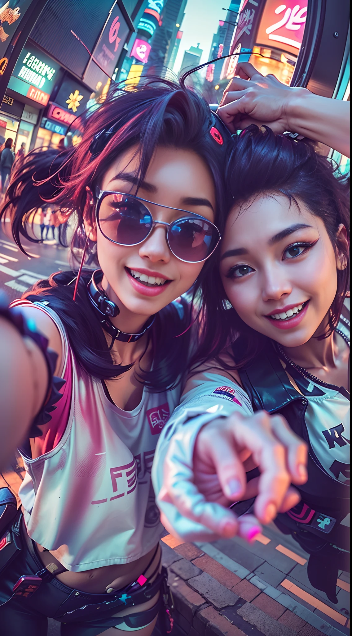 ((2 cyberpunk girls wearing Harajuku style pop outfit)), ((fisheye lens)), selfie, cowboy shot, wind, messy hair, cyberpunk cityscape, (aesthetics and atmosphere:1.2), smiling, laughing