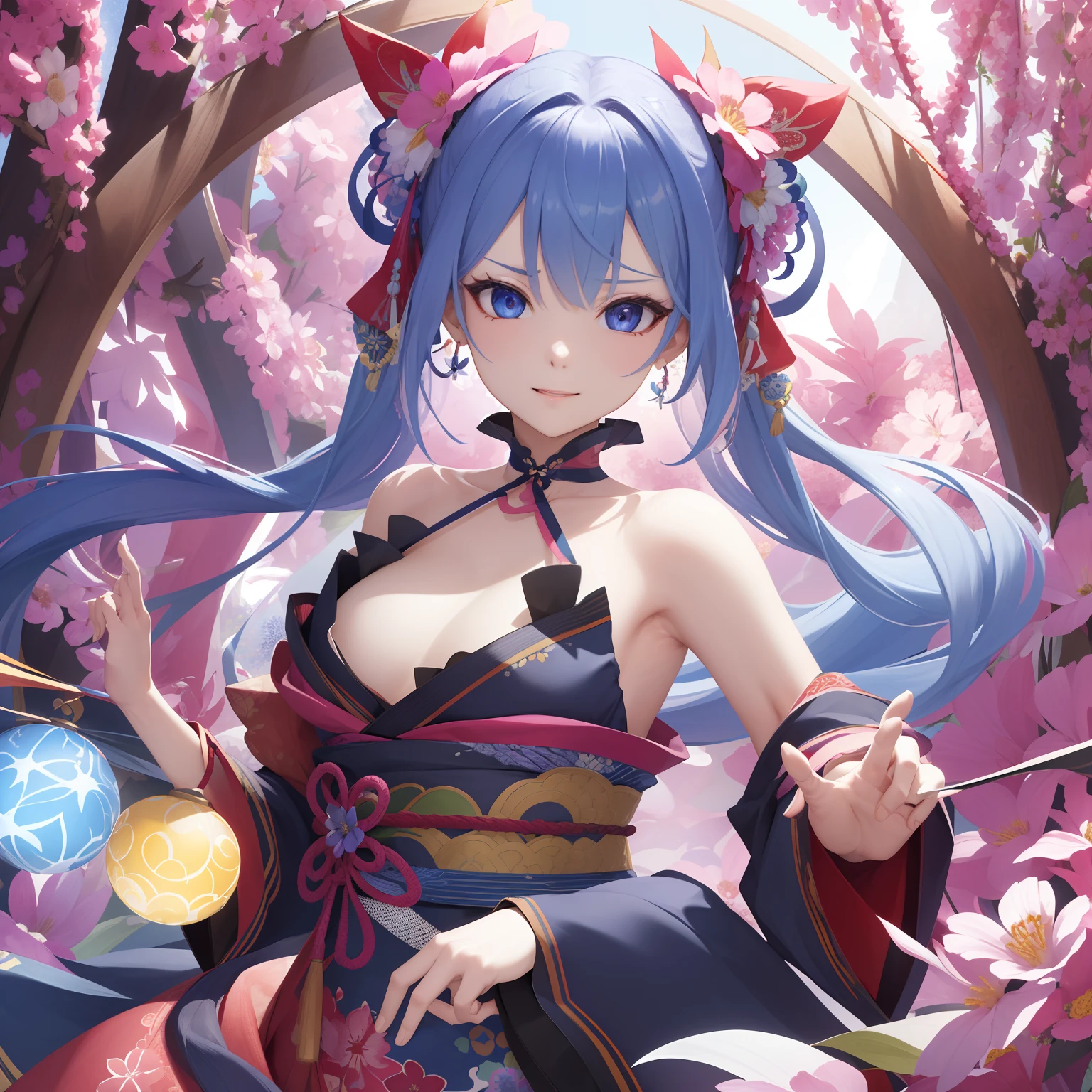 (absurderes、hight resolution、ultra-detailliert)、1girl in、Beautiful woman、Pink twin-tailed hair、length hair、Blue eyes、Red kimono、finely eye and detailed face、the Extremely Detailed CG Unity 8K Wallpapers、intricate-detail、BREAK、kaleidoscopic imagery、Symmetrical pattern、vivd colour、Geometric shapes、mesmerizing designs、optical illusion、Dynamic Composition Breaker、pantomime art、expressive body language、Quiet storytelling、evocative gestures、 visual narratives、Play Break Ha、blooming flowers、Multicolored petals、fragrant scents、nature's bounty、vibrant gardens、Tranquil landscape