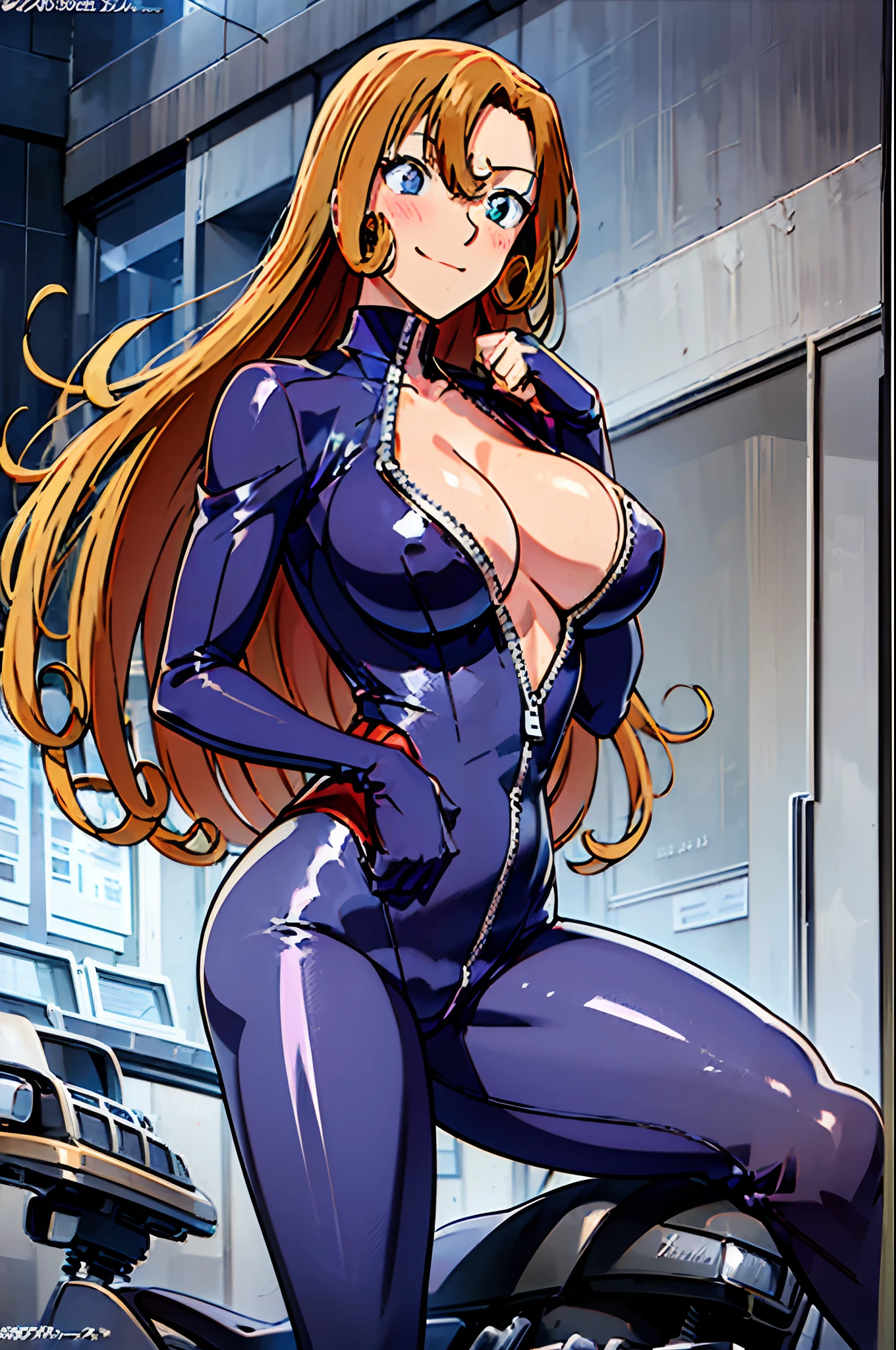 ultra detailed face, best quality, anime style, hires ((female biker), (slender body), mature woman, milf, (dark purple only, one piece, catsuit, half zipped, cover whole body, motorbike suit) victorious, gorgeous, winner, confident face, smile, (closed mouth), (pale skin, shiny skin, lighting and shadow), (big breasts, cleavage) (only one arm stretching),closed fists, (brown, long hair, curly bangs), 37 years old
