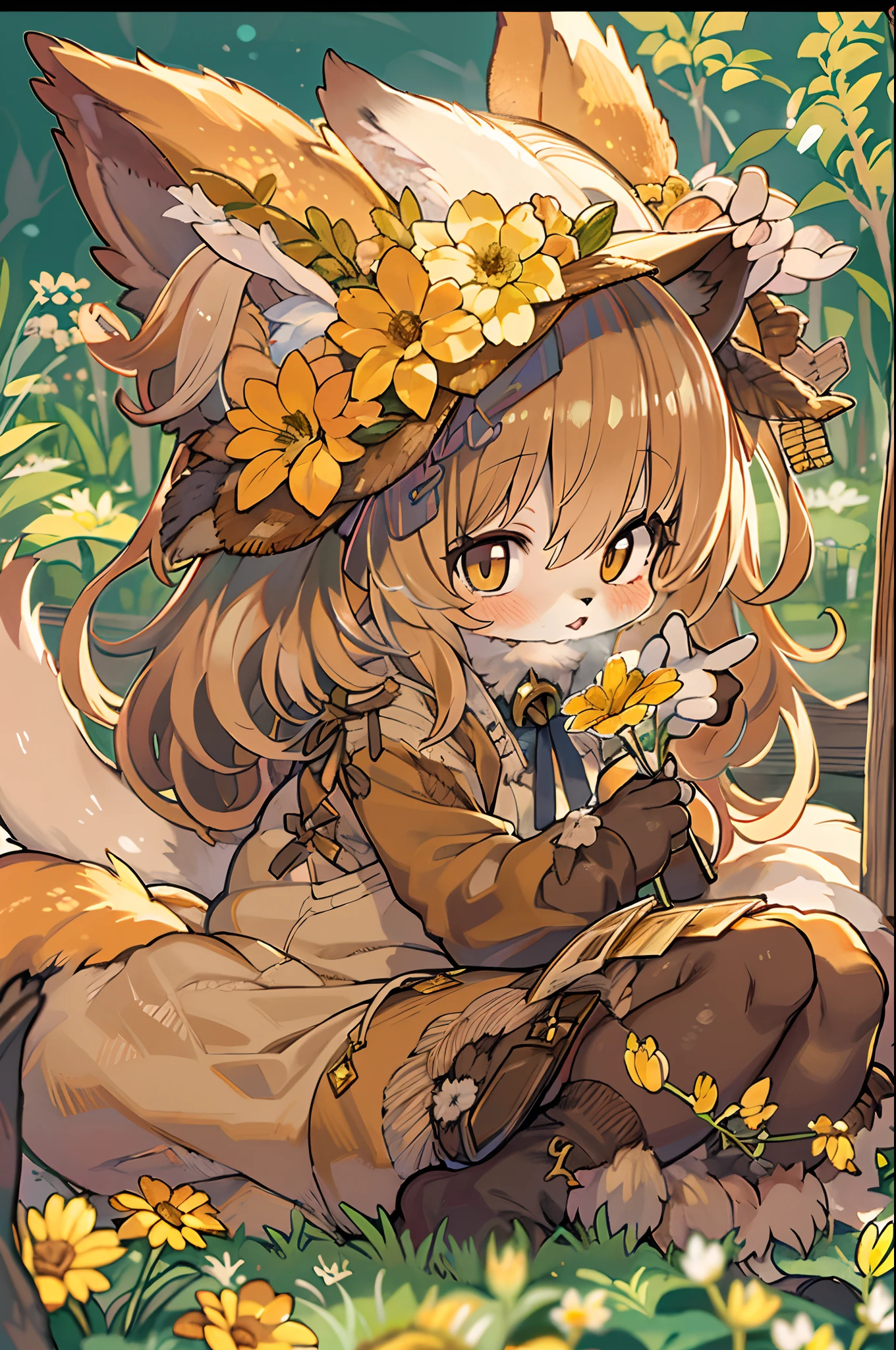 Fox, (Monster Girl), long brown ears with a dark brown inside,,,,, brown fur, Sunburned neck fluff, brown fluffy tail with a yellow-brown tip,,,,, Big brown eyes, wearing modest clothing, Sitting in the flower garden, masutepiece, Best Quality、autumnal、mushroom