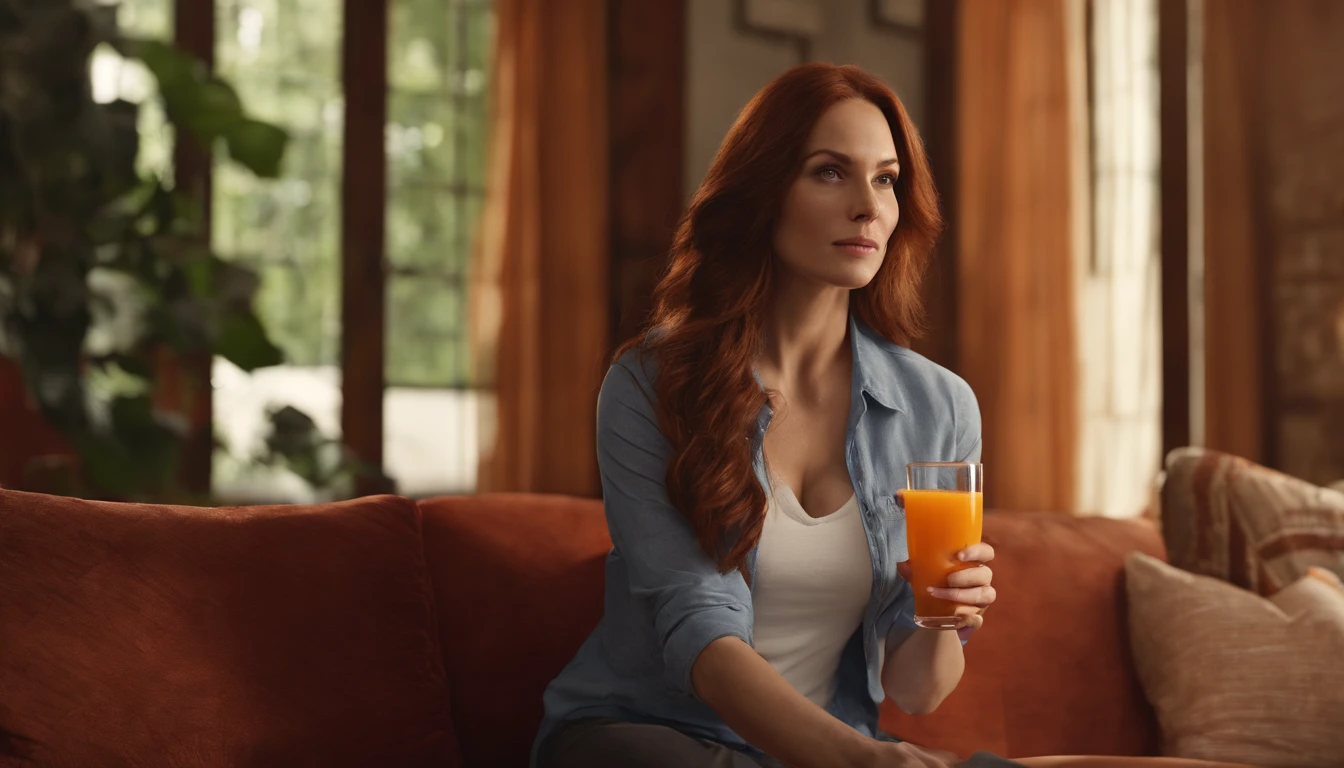 RAW, professional photograph, movie photograph, medium shot, Female, thirty years old, athletic body, soft facial features, long hair, straight hair, red hair, black eyes, sitting on couch, drinking orange juice, wearing casual clothes, Realism, hyperrealism, ray tracing, high details, super detail, UHD, 8k