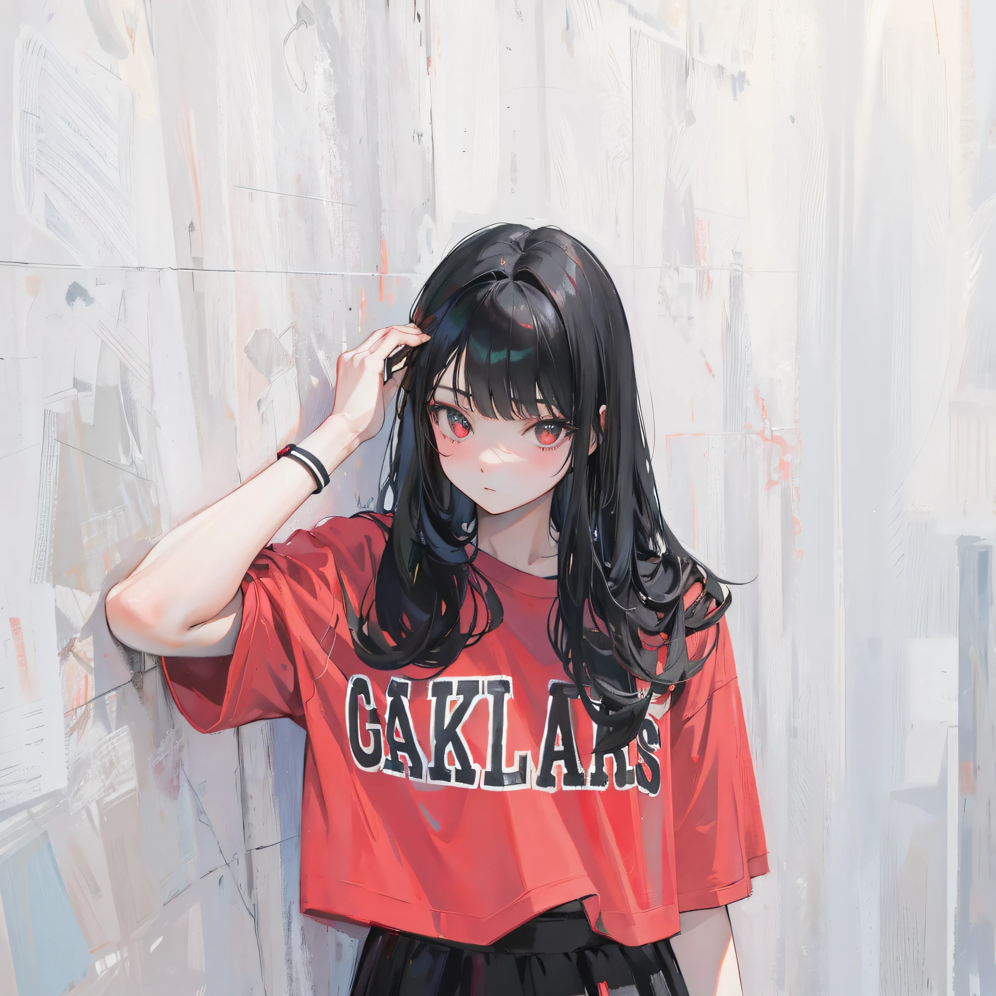 (Realistic painting style:1.0), Masterpiece, Best quality, absurderes, comic strip, illustration,
1 girl, Long hair, Black hair, Cute girl, young and cute girl, Korean girls, {Breasts}, 
A girl in a red T-shirt stands against the wall, ulzzangs, red t-shirt, Red shirt, Black shorts,