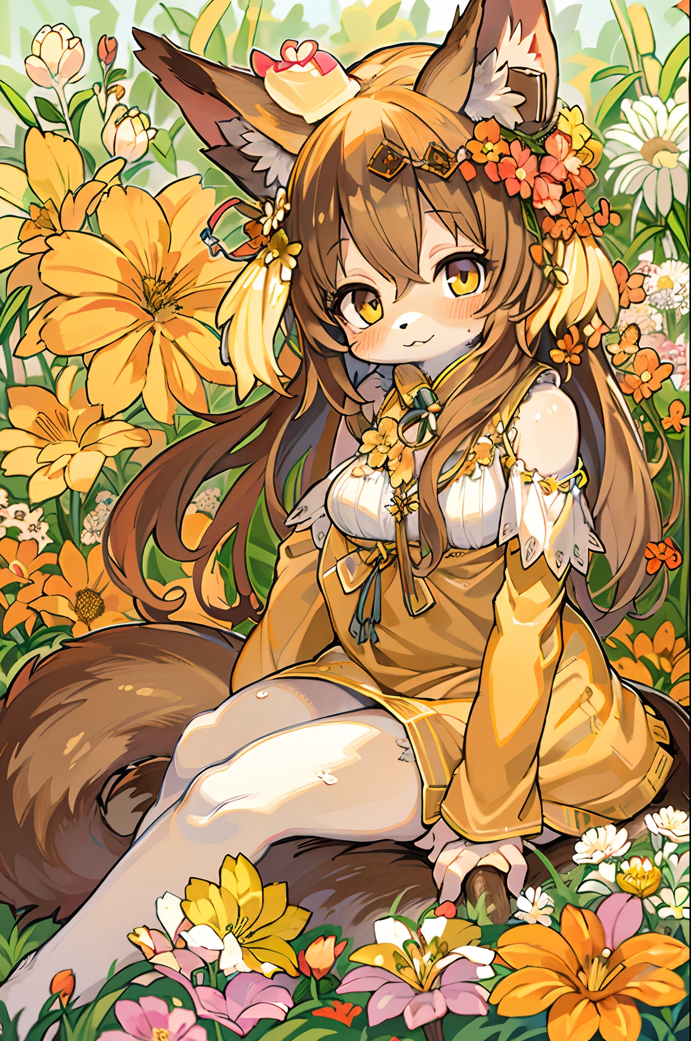 Fox, (Monster Girl), long brown ears with a dark brown inside,,,,, brown fur, Sunburned neck fluff, brown fluffy tail with a yellow-brown tip,,,,, Big brown eyes, wearing modest clothing, Sitting in the flower garden, masutepiece, Best Quality、autumnal、mushroom