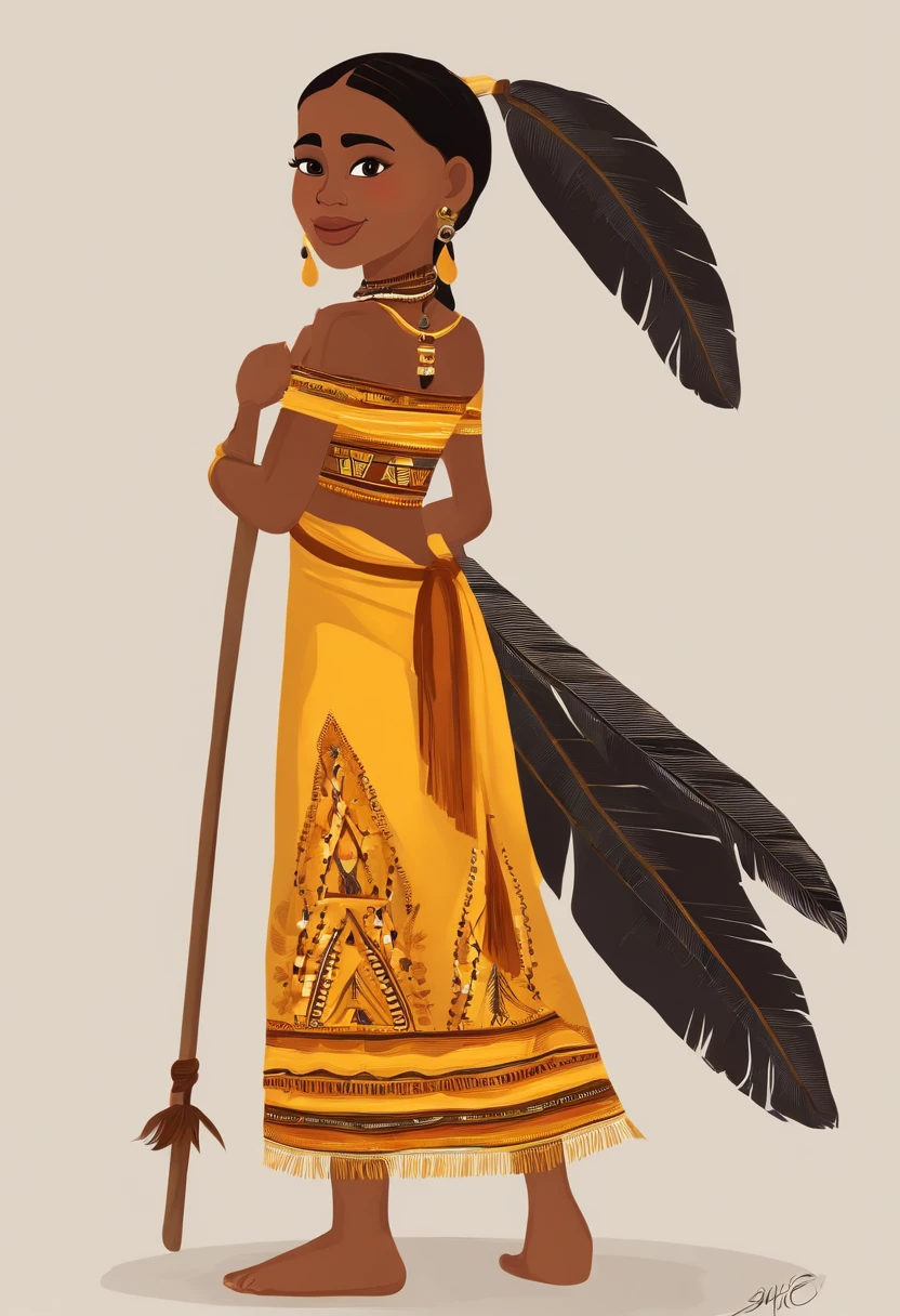an indigenous girl from the Amazon, Brasil, com cabelos longos com penas;, vestido amarelo, various poses and expressions on white background, same features, illustration style, simples, fofo, , cores vivas, cabelos pretos, pele morena, detalhes perfeitos