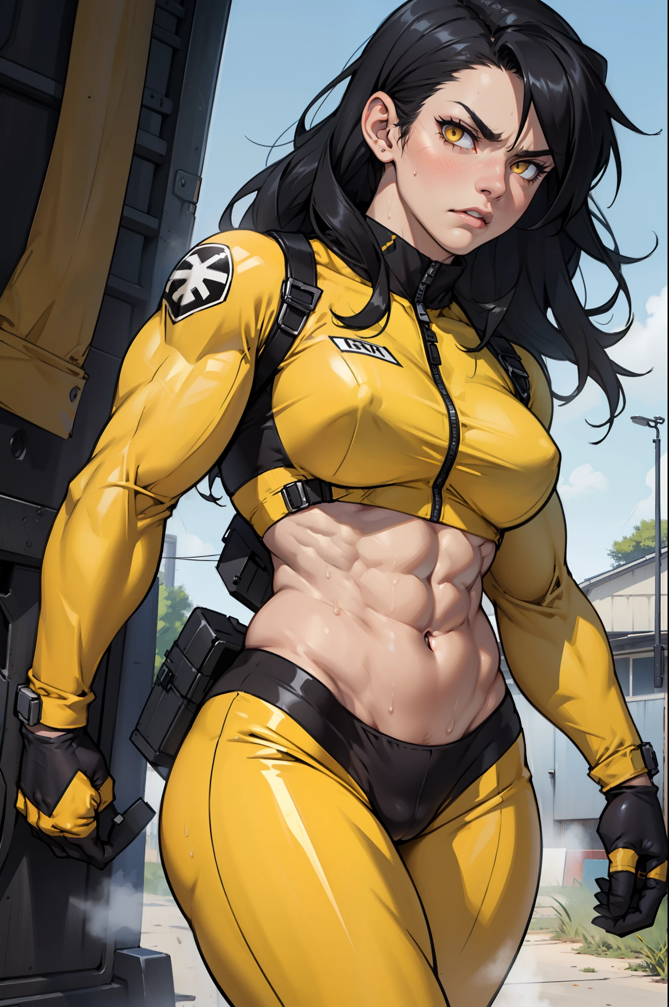 black hair, yellow eyes, solo, sweaty, shiny skin, angry, pale skin, (((((muscular, 1girl))))), curvy, thin waist, very long hair, navel, cowboy shot, sweaty, perky breasts, pilot suit
