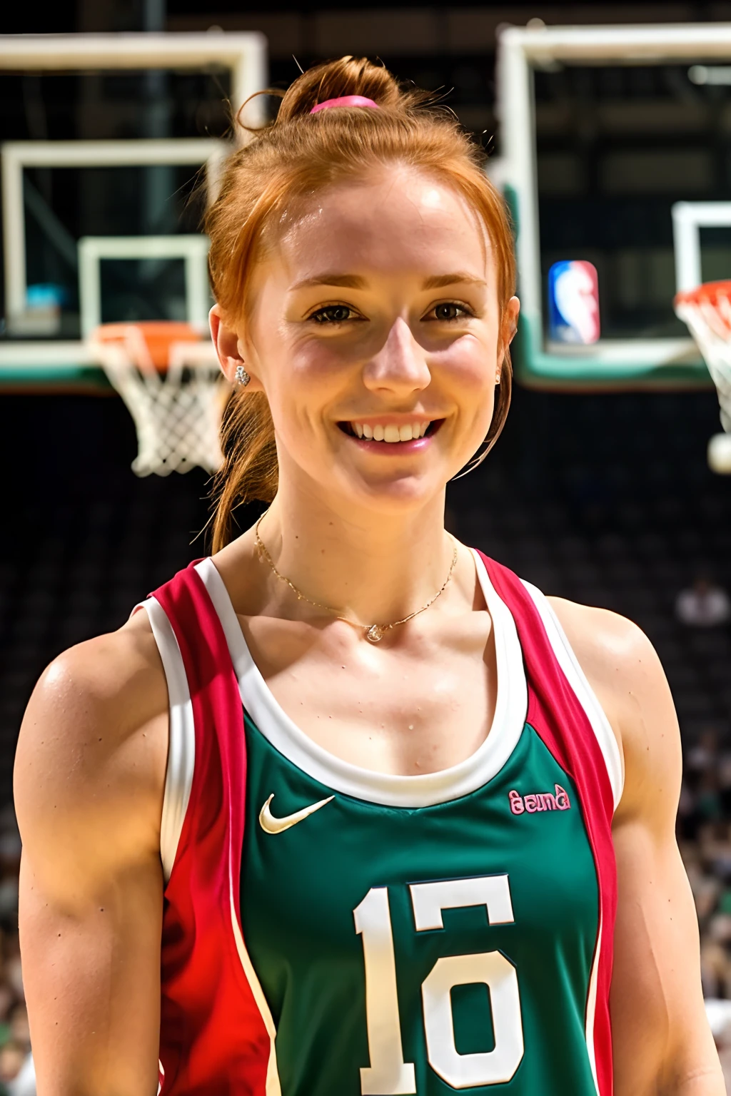 attractive welsh woman, ripped muscle, muscular body, pale skin, smiling(blush), basketball uniform, thin necklace, [ultra detailed skin:1.2], redhead, green eyes, hair bun, 8k uhd, full body, stand, sweat, cum on face, crowd, night,