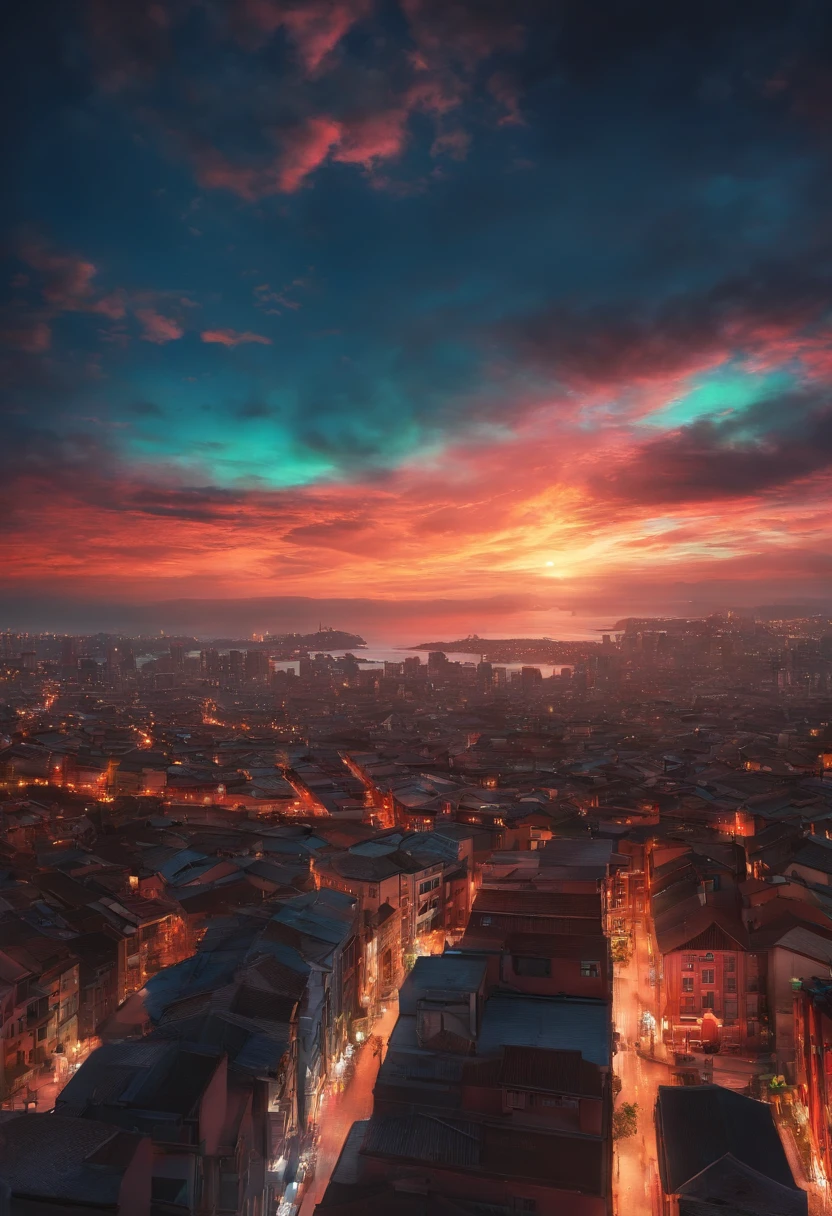 crie um cenario urbano, com predios, vivid and colorful sky, estilo anime, desenho, cenario de anime, ceu, nuvens, vista aerea