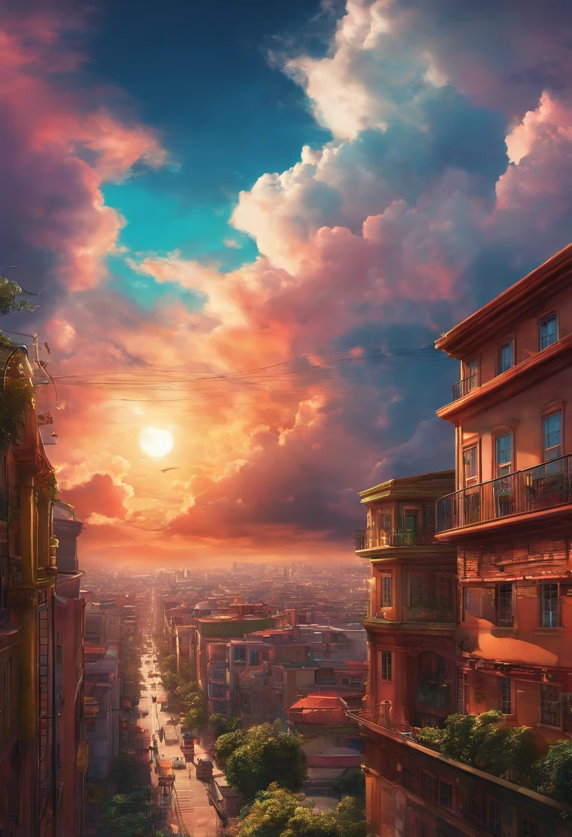crie um cenario urbano, com predios, vivid and colorful sky, estilo anime, desenho, cenario de anime, ceu, nuvens, vista aerea