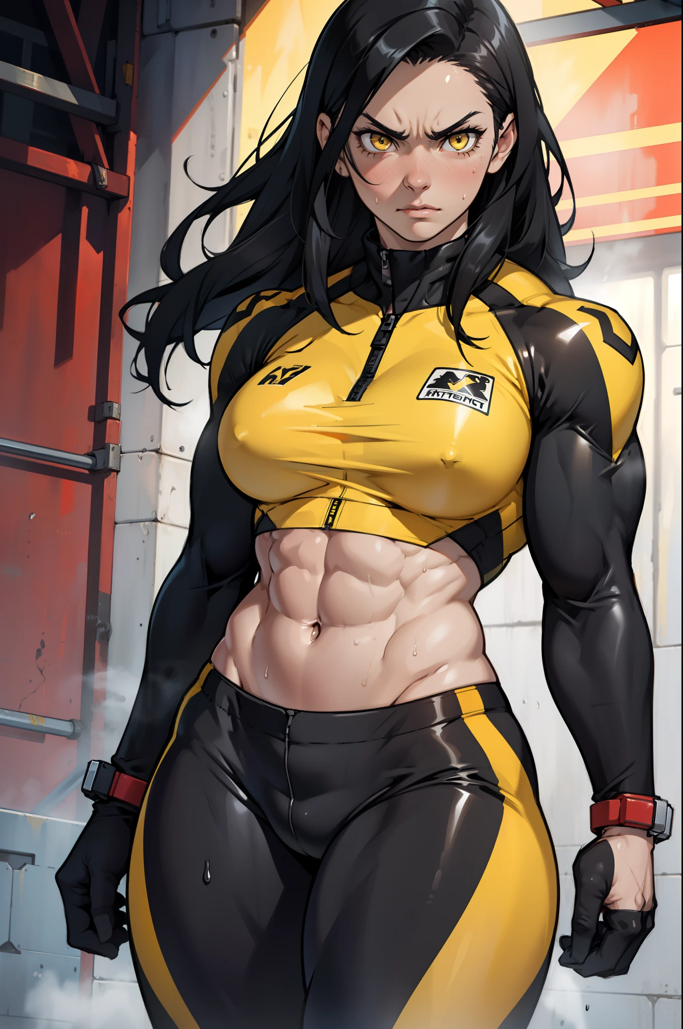 black hair, yellow eyes, solo, sweaty, shiny skin, angry, pale skin, (((((muscular, 1girl))))), curvy, thin waist, very long hair, navel, cowboy shot, sweaty, perky , pilot suit