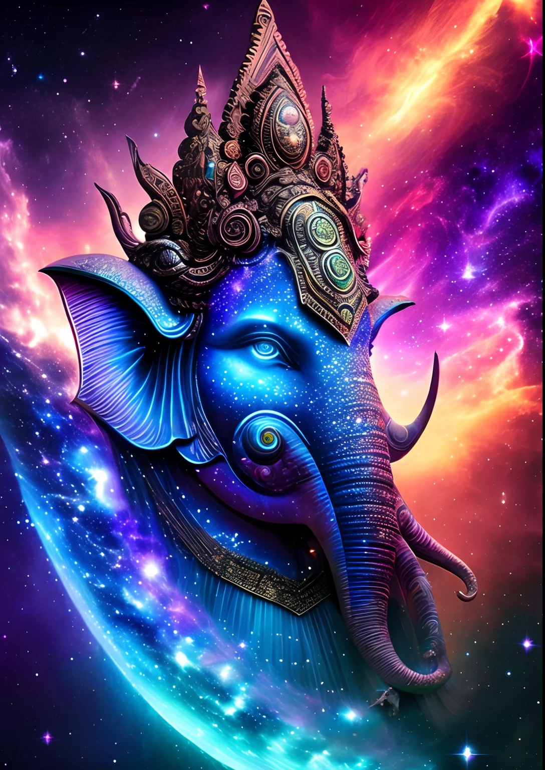 dreamlikeart, galaxy, outer space, nebula, star, [cyberpunked] Ganesha from the stars (star:1.5),