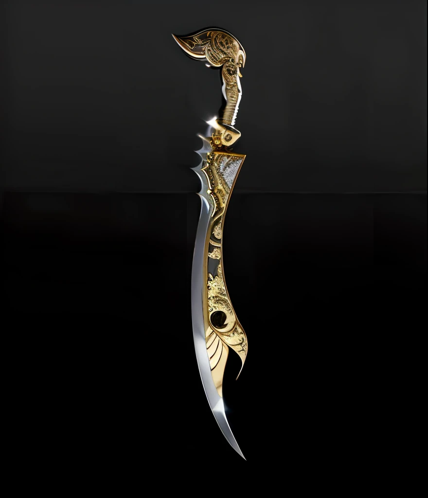 There is a gold and silver dagger on a black background, eastern style,Engraved with Chinese patterns,epic fantasy weapon art, gold sword, fantasy sword, beautiful sword, sword design, daggers,