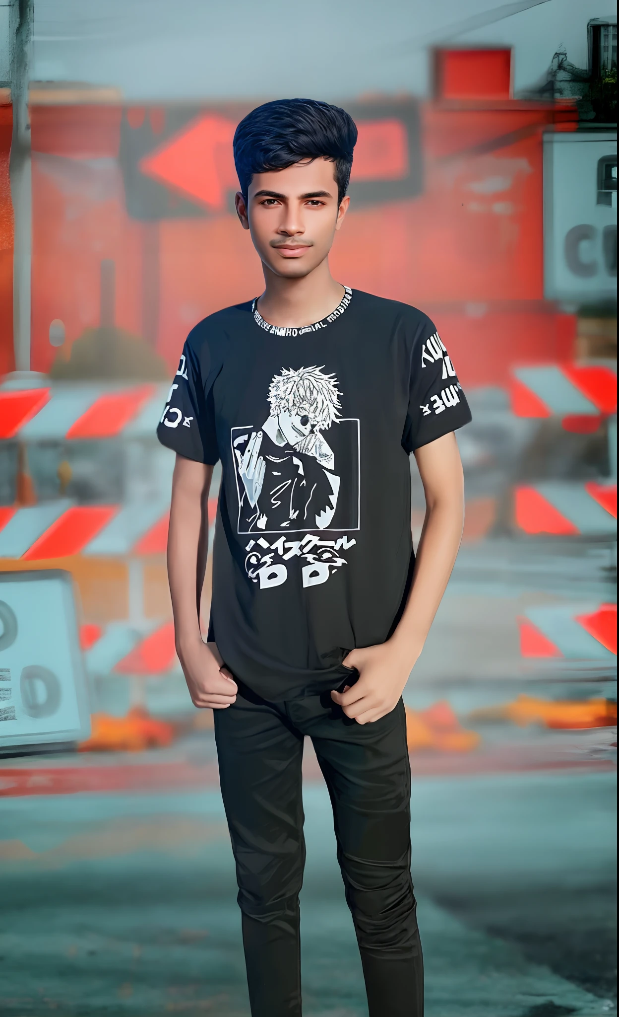 arafed man standing in a parking lot with his hands in his pockets, full body portrait shot, full body picture, modeling shoot, mohamed chahin style, casual photography, full body photograph, riyahd cassiem, he is wearing a black t-shirt, high quality portrait, portait photo profile picture, casual pose, full body photogenic shot bagraund  change