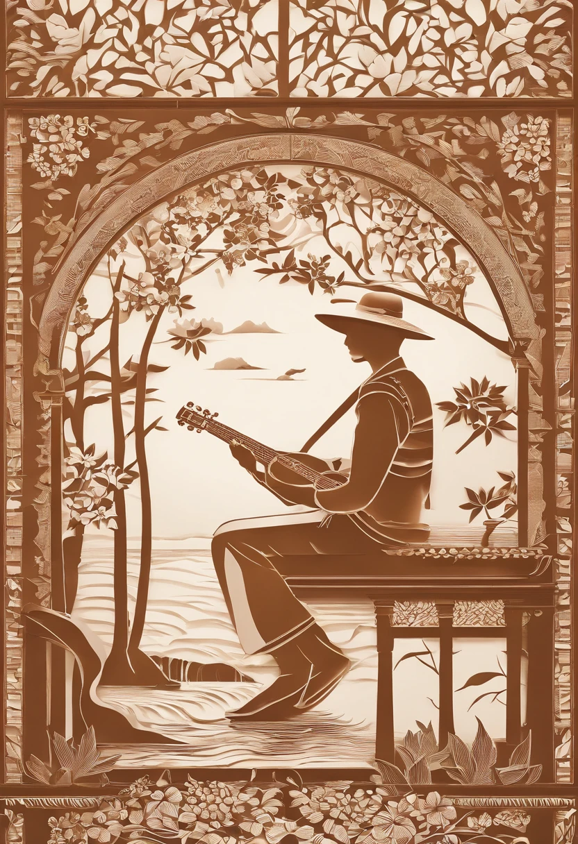 "Por favor, Create an image of a brunette man with Brazilian characteristics, sentado em um banco ao ar livre, tocando um ukulele. The scene should convey a sense of serenity and joy, with emphasis on the facial and cultural features that make the Brazilian man easily identifiable. Be sure to capture the relaxed atmosphere of the music and the natural scenery around the bench."
