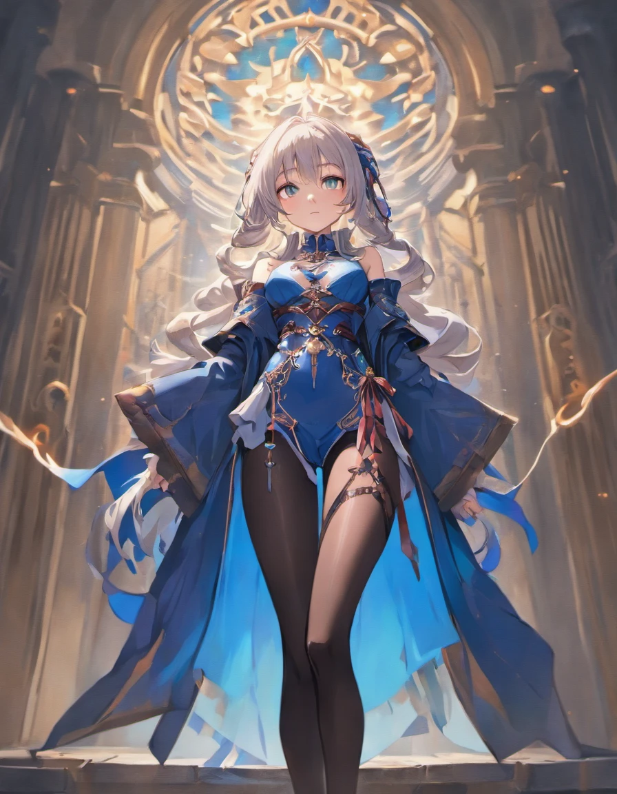 masterpiece, ultra detailed, 8k portrait, RAW photo, portrait photography, highly detailed face, beautiful and meticulous eyes, ((Fantasy)), Young beautiful, 22 years old, dynamic pose, (((expressionless))), (((Long Straight silver hair))), (((one side braided with orange hair ribbon))), blunt bangs, White skin color, ((silver tiara)), Luxury, (((silver Silk Long Cloak))), (((Gorgeous Deep blue long robe))), leather corset, (((dark thigh high tights))), high cut leather boots, ((lift up long magical staff)), Midday Sun, hyper realistic, Body model, Small breasts, Beautiful breasts, Long legs, in the castle, Ambient lighting, Shadow details , Camera focus on thigh, strong breeze, Light fog