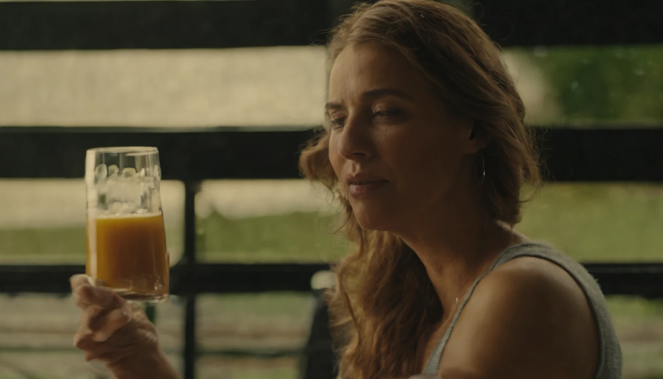 RAW, professional photograph, movie photograph, medium shot, Female, thirty years old, athletic body, soft facial features, long hair, straight hair, red hair, black eyes, sitting on couch, drinking orange juice, wearing casual clothes, Realism, hyperrealism, ray tracing, high details, super detail, UHD, 8k