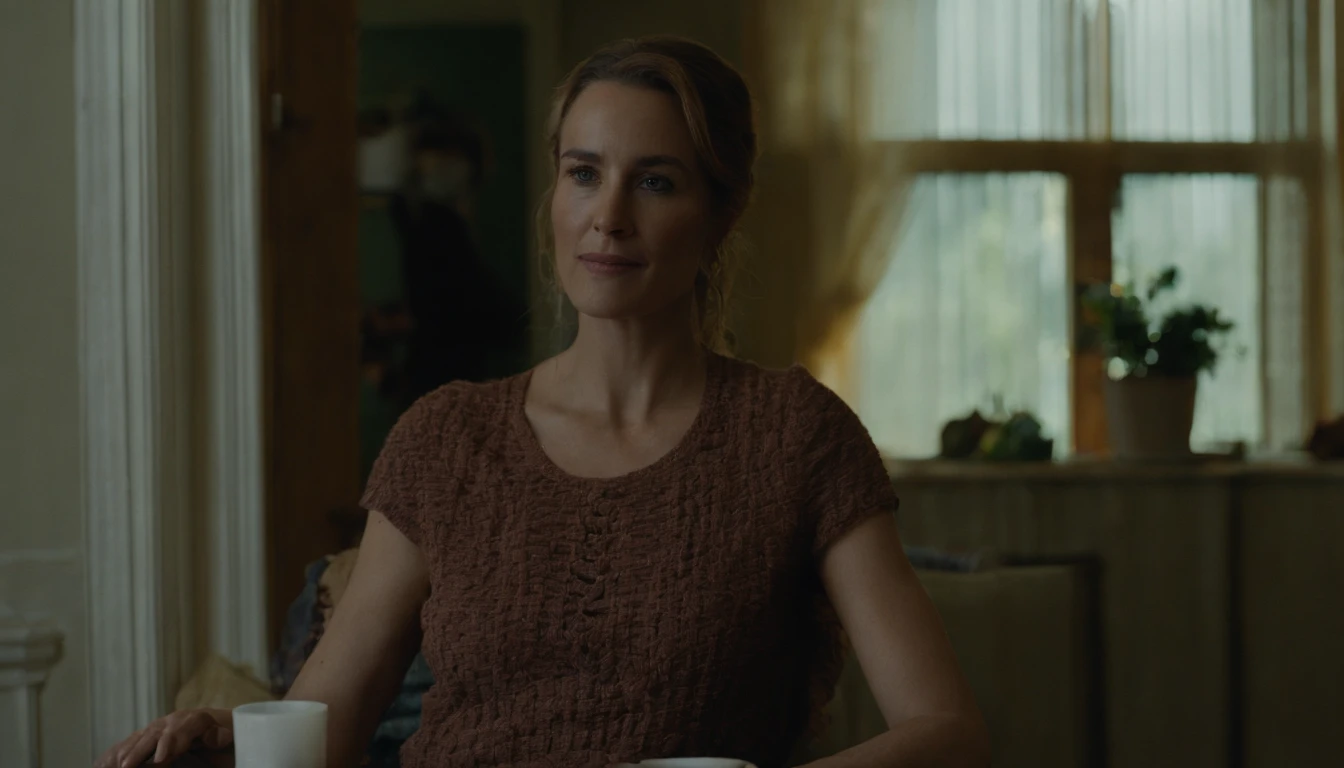 RAW, professional photograph, movie photograph, medium shot, Female, thirty years old, athletic body, soft facial features, long hair, straight hair, red hair, black eyes, sitting on couch, drinking orange juice, wearing casual clothes, Realism, hyperrealism, ray tracing, high details, super detail, UHD, 8k