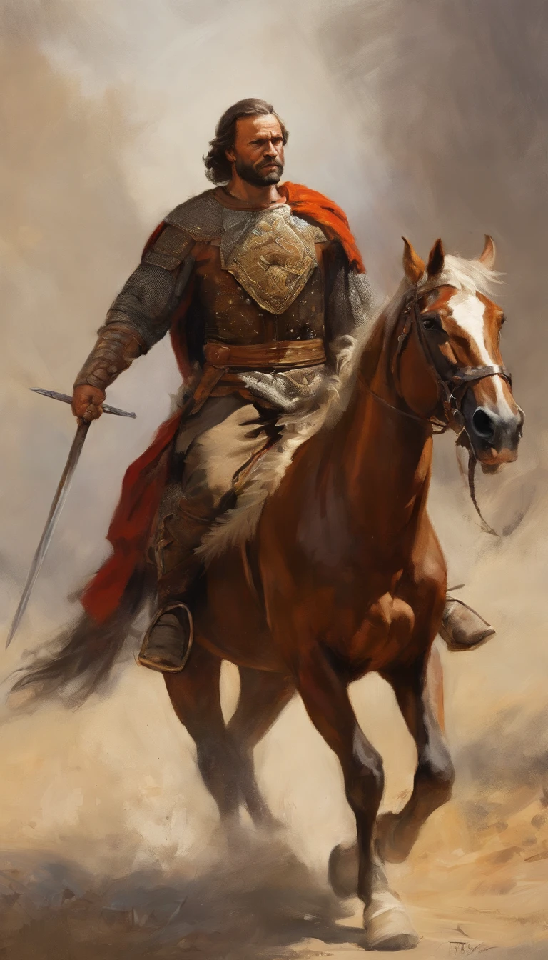 General Hannibal, male in a brown outfit with a sword, highly detailed character, viking warrior, epic viking king, norse ancient epic hero, muscular long haired with tattoo Philippine God of War, on horse back, with barbarian soldiers, modelshoot style, (extremely detailed CG 8k wallpaper), body photo of the most beautiful artwork in the world, medieval armor, body portrait, Nimrod the first king of Babylon, hunter, barbarian, macho man, majestic professional oil painting by Ed Blinkey, Atey Ghailan, Studio Ghibli, by Jeremy Mann, Greg Manchess, Antonio Moro, trend at ArtStation, trend at CGSociety, Intricate, High Detail, Sharp Focus, Dramatic and Photorealistic Painting Art by Midjourney and Greg Rutkowski, ((((General Hannibal)))), ((on horse back))