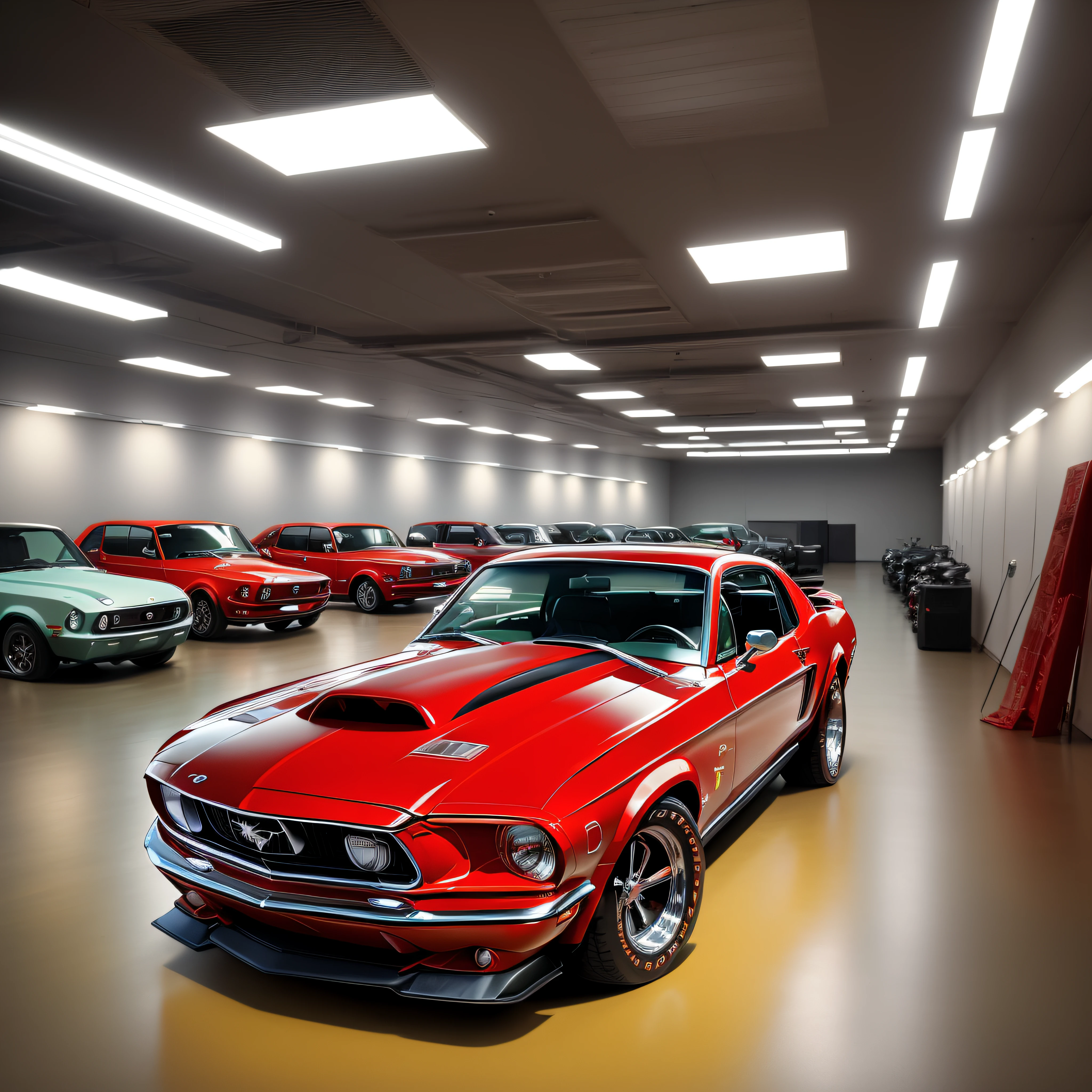 Brand new 1968 red ford mustang, sparkling new look, in a cinematig lighting showroom,