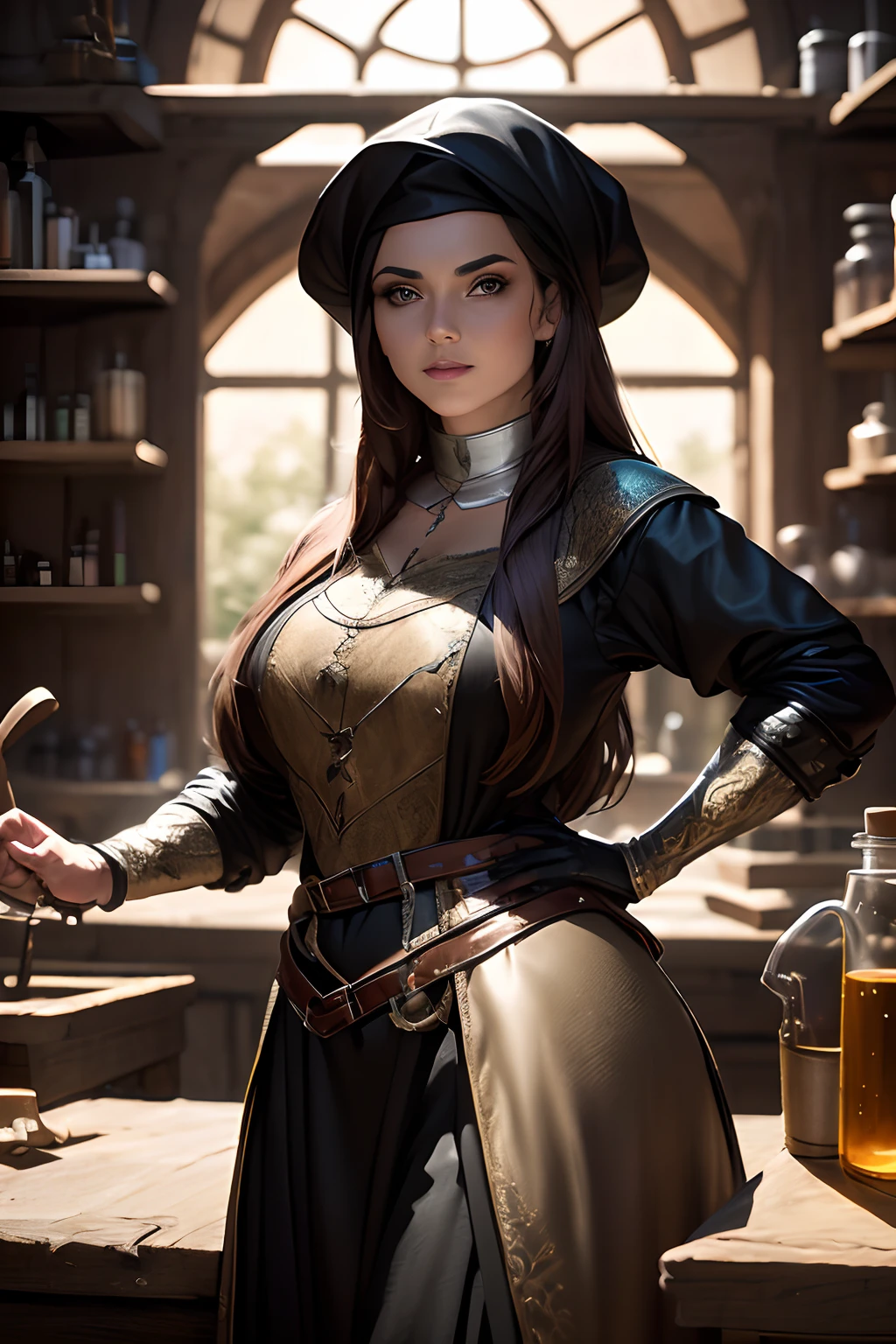 There's a fenticeira with shiny black clothing in her lab, medieval, jogo de fantasia medieval, European woman professional photography,(obra prima)(Ultra realista),(melhor qualidade),(mulher medieval :1.2),(Ultra Detalhado),(ambiente desfocado :1.5),(ambiente profundo)
