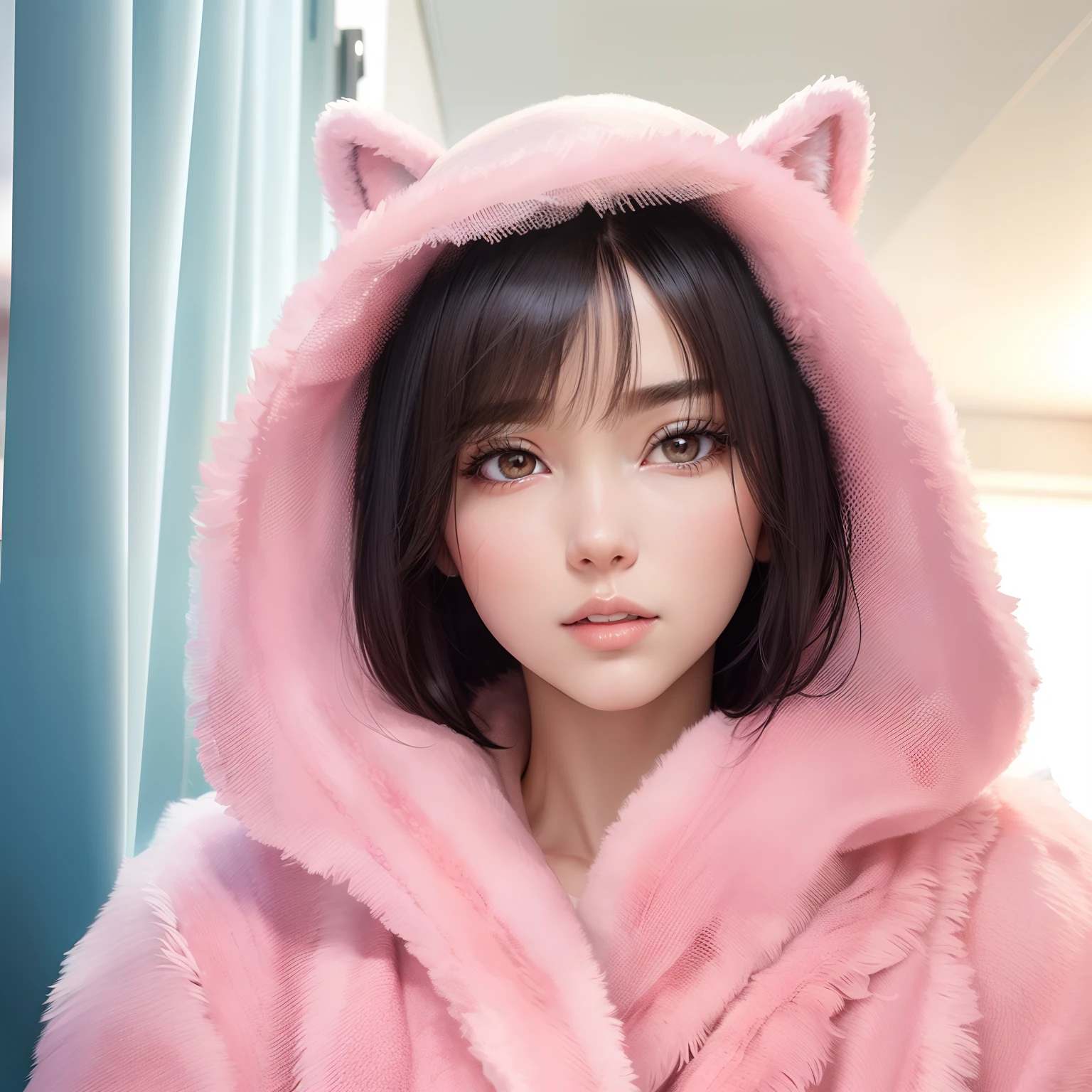 Absurd resolution, high resolution, (masterpiece: 1.4), hyper-detail, 1 young woman, short black hair, pink fur coat