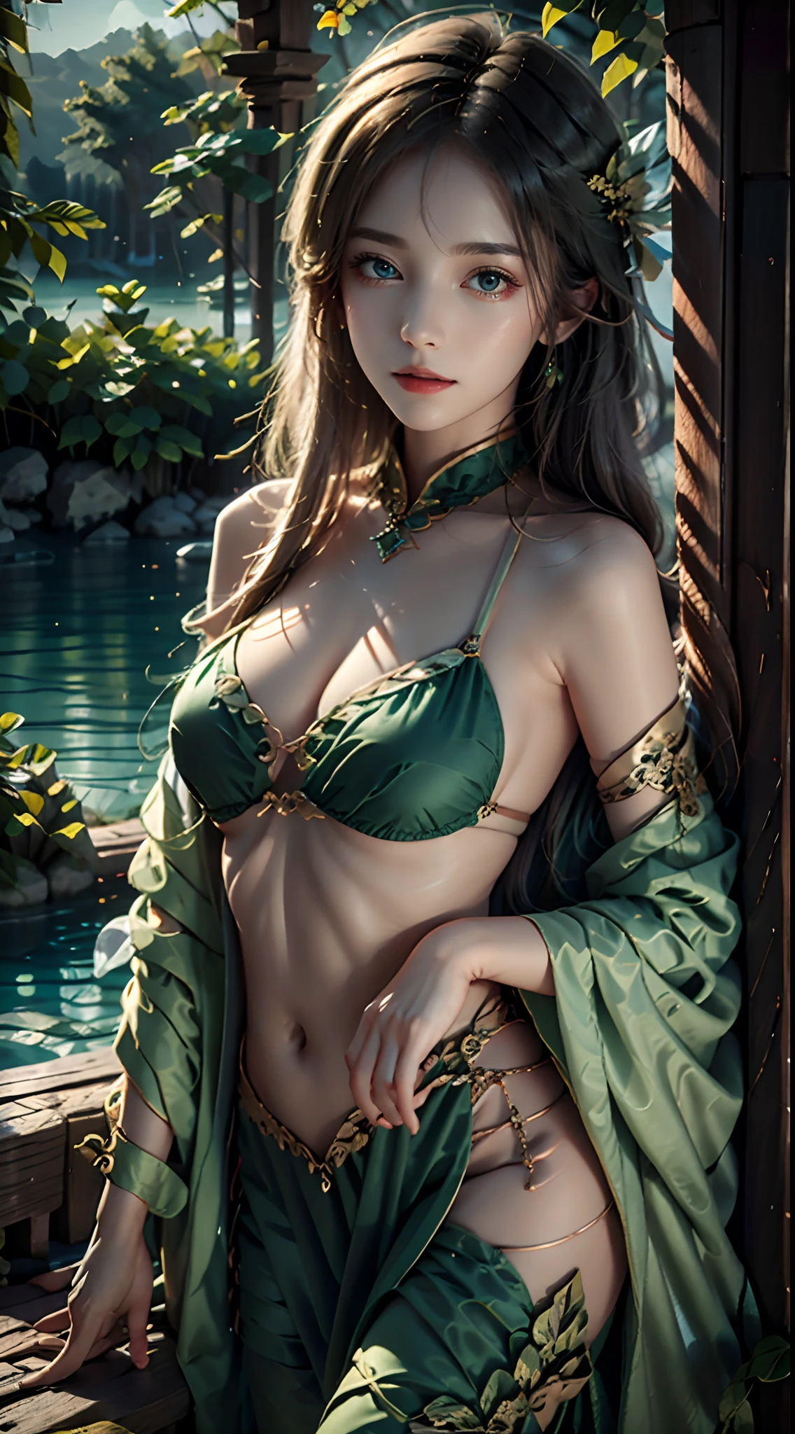 1 20-year-old girl, fairy princess, green clothes, nature clothes, nature panorama, sweet, beauty gril, twin sister.