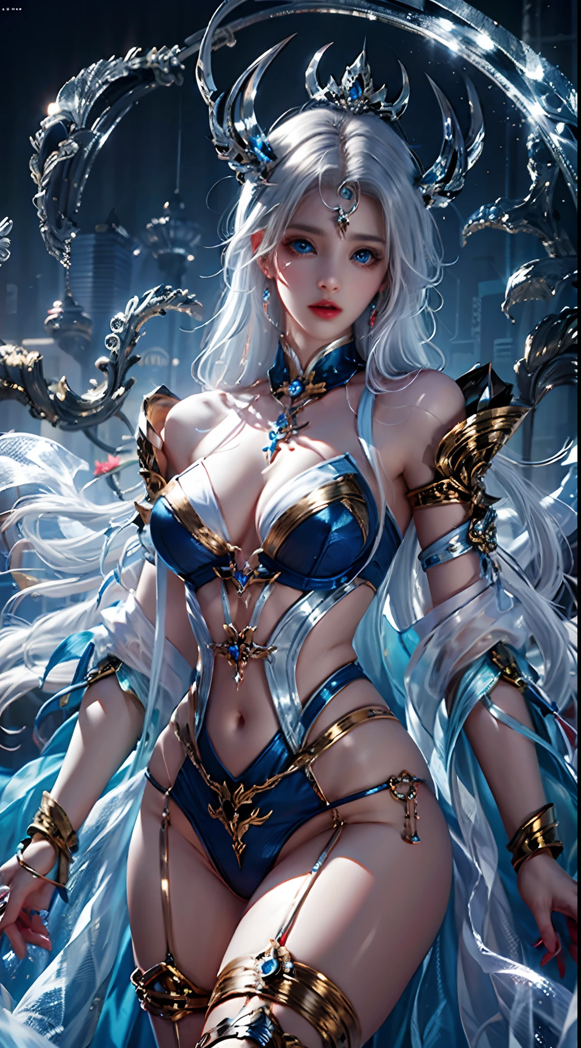photorealistic, high resolution, soft lights, 1women, solo, hips up, look at viewer, (detailed face), blue eyes, white hair, long hair, photorealistic, masterpiece, photorealistic, high resolution, soft light, hips up, (blue eyes), starryskybackground,Wearing shiny gold armor, Sexy lingerie type armor,Expose your chest,Expose the waistline,Exposing thighs,cool-pose, Saint Seiya Armor, messy hair,high detal, Anime style, Cinematic lighting, Sparkle, god light, Ray traching, filmgrain, hyper HD, textureskin, super detailing, Anatomical correct, A high resolution,Ultra-high saturation,hight contrast,High-gloss armor,Smooth skin,Serious expressions,Dark room,