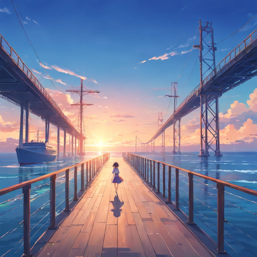 8K, best quality, masterpiece, scenery,Pier,Wharf， sea, seaside, power poles, long stone bridges extending into the sea, panoramic view, a jet plane flying over the sky leaving two white air marks. Blue sky, sunset, evening, reefs by the sea